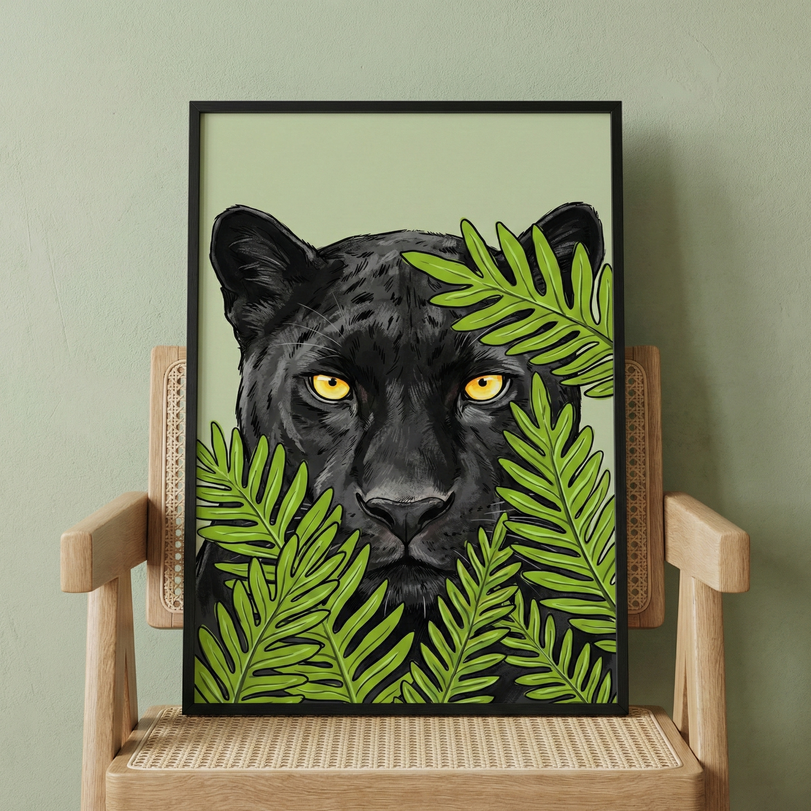 A graphic illustration of a black leopard’s face with piercing yellow eyes, partially obscured by lush green ferns at the bottom and side. The artwork features a pale green background and is housed in a sleek black frame. The framed art is propped up on a light-wood chair with a woven cane seat and backrest, set against a solid green-colored wall.