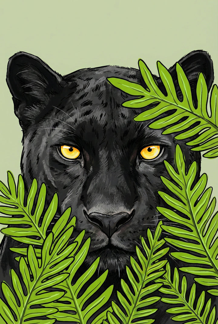 A detailed digital illustration of a black panther peering through vibrant green fern leaves. The feline's face is centered, featuring intense, glowing yellow eyes that gaze directly at the viewer. Its sleek black fur shows subtle gray markings and texture. Large, bright green leaves with distinct leaflets frame the lower and right sides of the face. The background is a solid, muted sage green color.