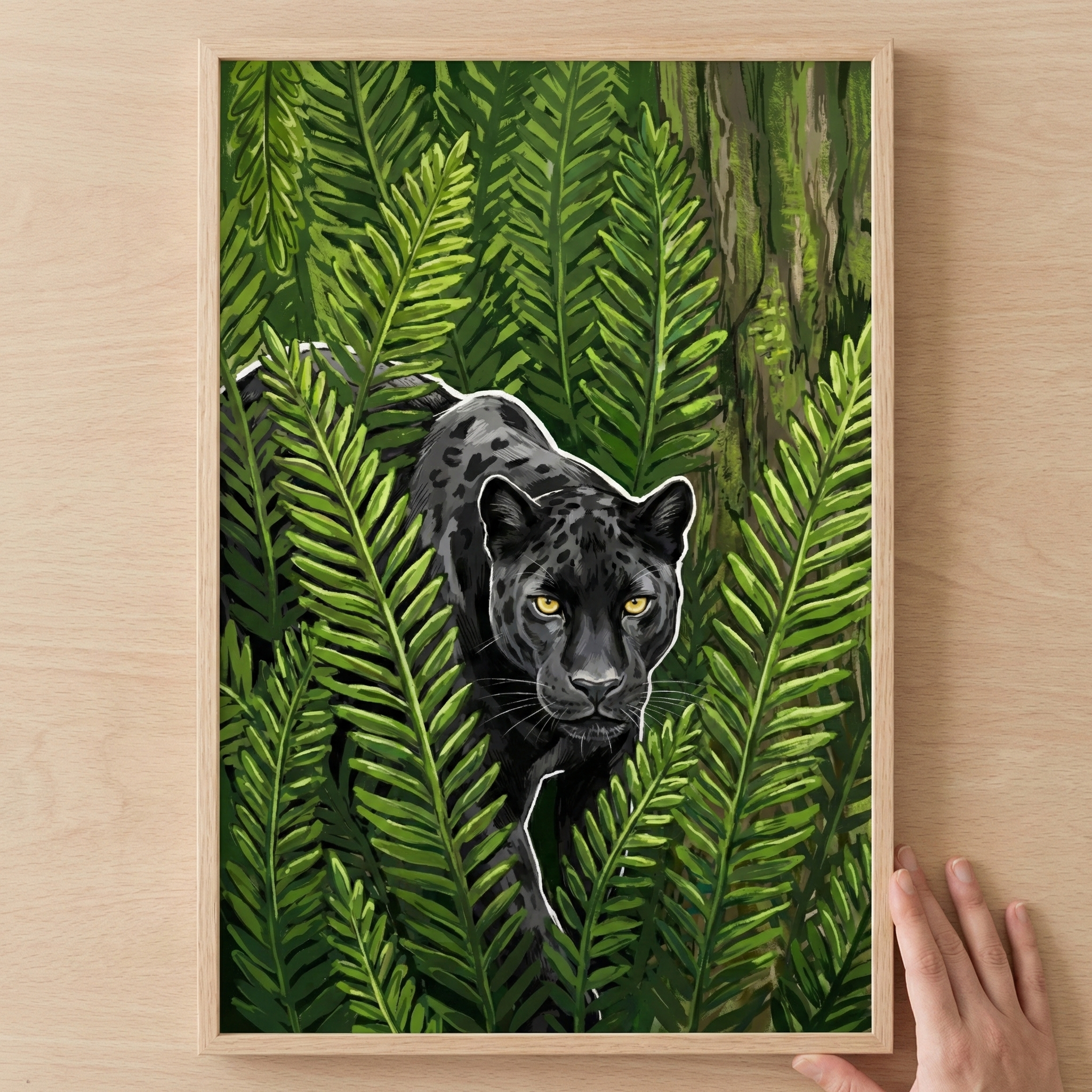 A stylized illustration of a black big cat with subtle spots and glowing golden eyes, peeking through a dense thicket of green fern fronds. The animal's form is accentuated with a thin white outline. The artwork is presented in a light wood frame, held by a hand against a wooden surface.
