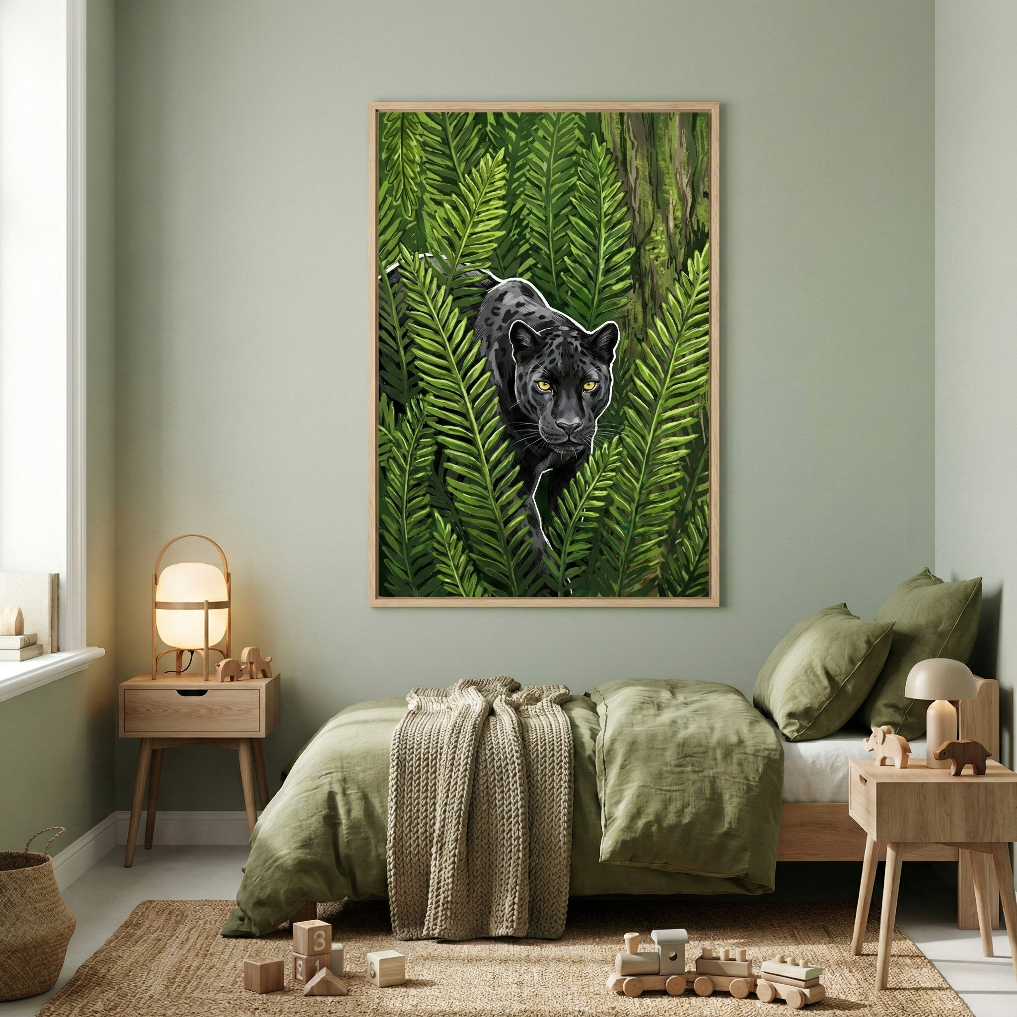 A cozy child's bedroom features a large piece of artwork framed in light wood on a sage green wall. The artwork depicts a sleek black jungle cat with glowing yellow eyes peering through dense green fern leaves. Below, a low wooden bed is dressed in olive green linens and a beige textured throw. Two simple wooden nightstands flank the bed, each holding a warm lamp. A natural fiber rug covers the floor, where a wooden toy train and blocks are scattered, creating a serene and playful atmosphere.