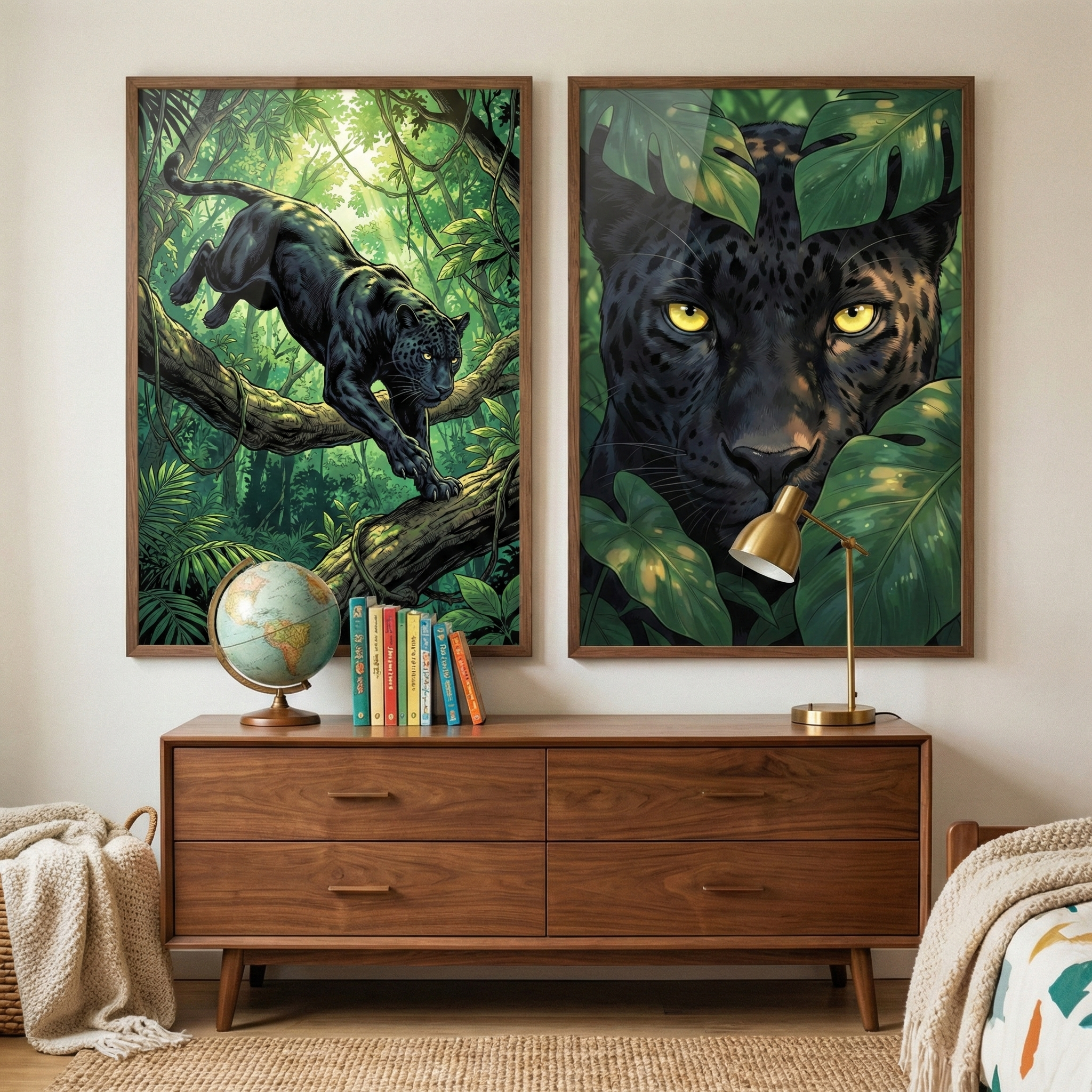 Panther Kids Room Wall Art Set of 2 - Shadow Forest Prowler