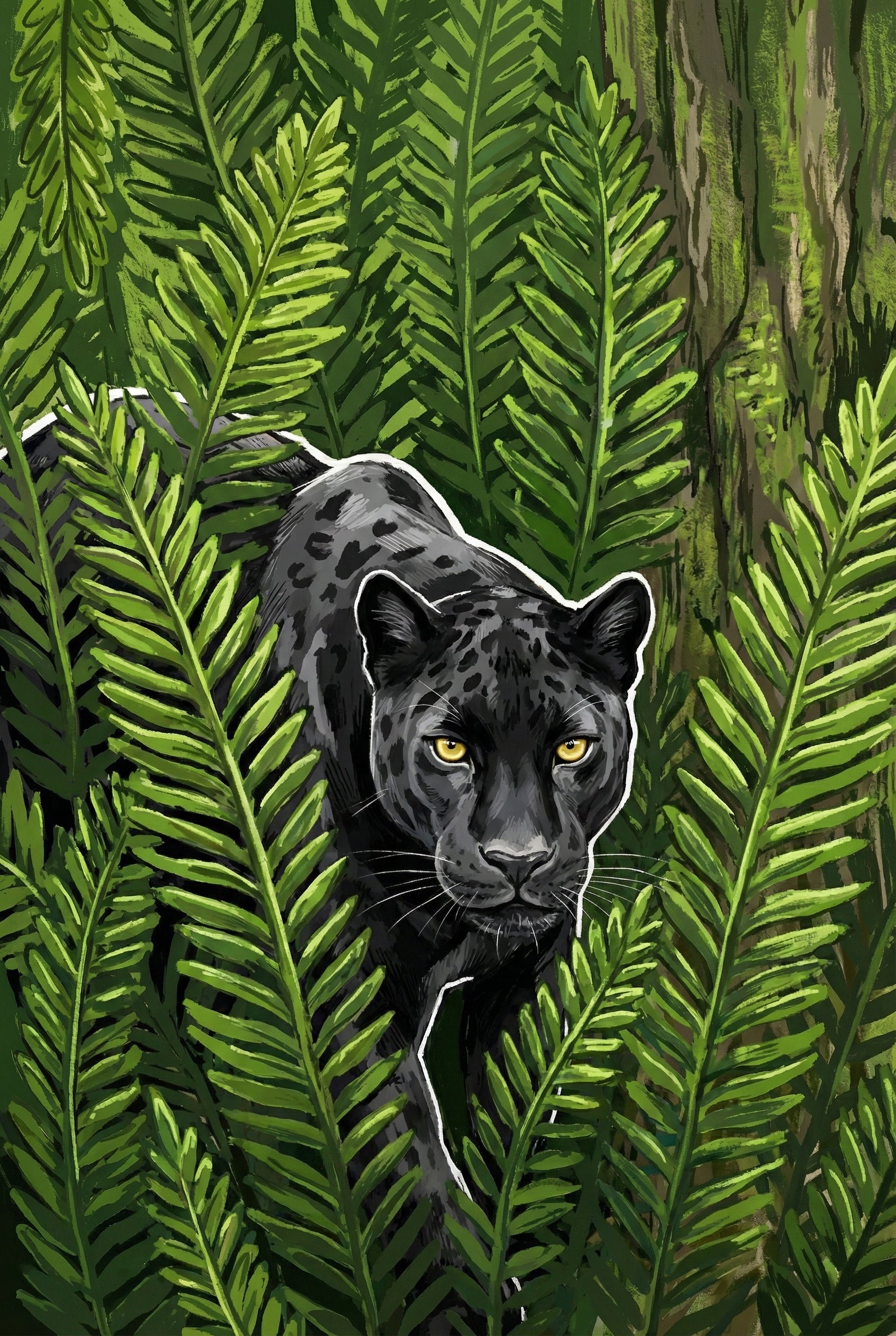 An illustration of a melanistic big cat, such as a black leopard or jaguar, emerging from dense jungle foliage. The animal has sleek dark fur with faint rosettes and piercing yellow eyes that look directly forward. It is surrounded by lush, vibrant green ferns with intricate leaflets. A subtle white outline defines the cat's head and neck against the green background. The style is detailed with a focus on texture and depth, set within a vertical frame.