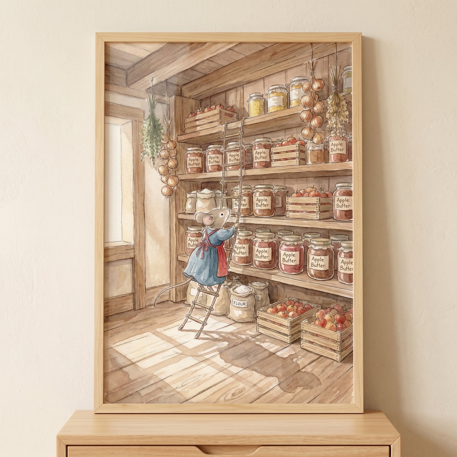 Pantry ladder climbing mouse wall art shows a mouse in a blue dress reaching for jars on rustic wooden storage shelves.