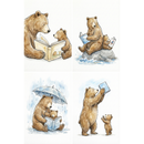 Four gentle watercolor illustrations of a parent bear and a cub sharing reading time together. One shows them sitting face to face with an open picture book, another shows them reading while sitting on a rock by a small stream, a third shows them reading under an umbrella in the rain, and the last shows the parent bear holding a book up high while the cub reaches up eagerly.