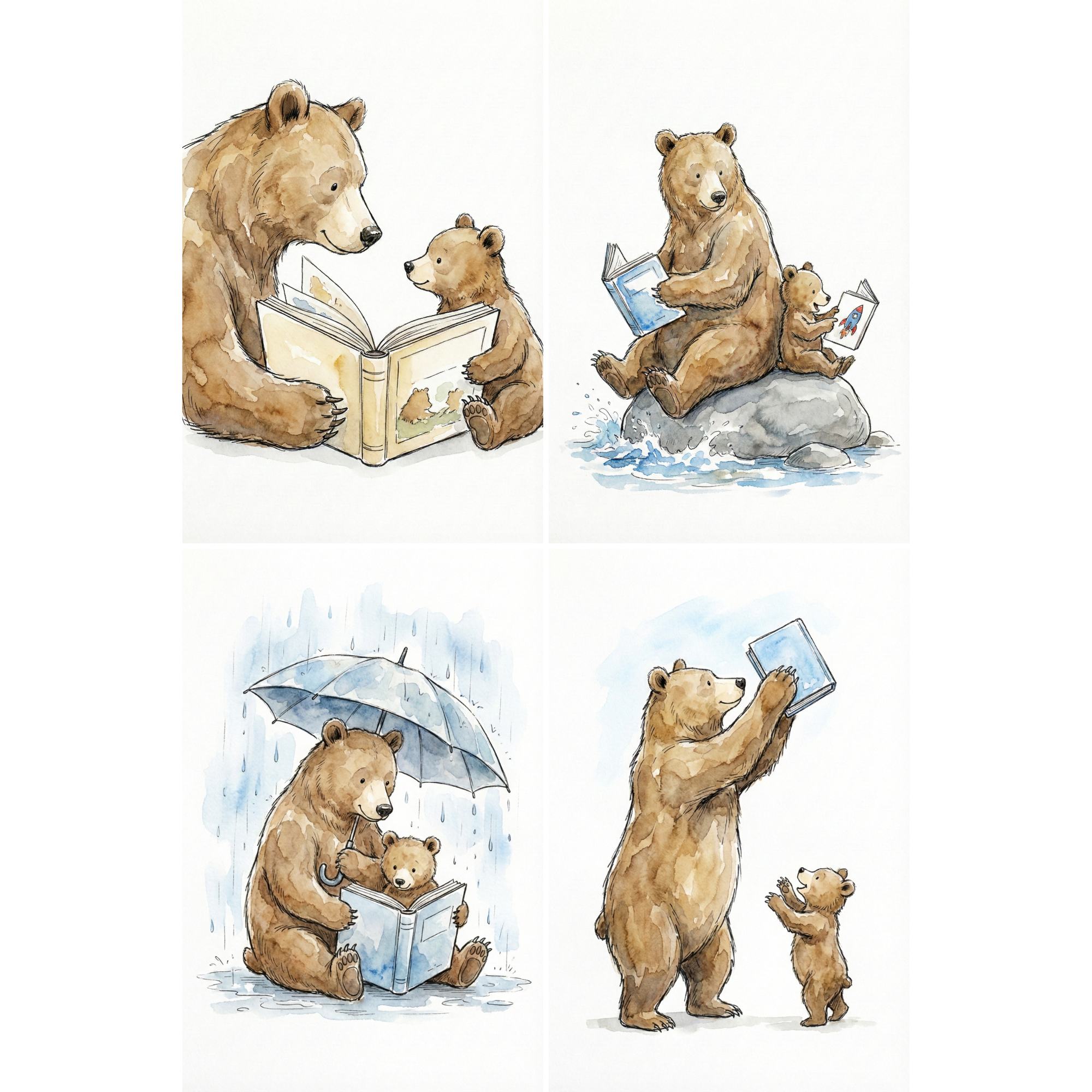 Four gentle watercolor illustrations of a parent bear and a cub sharing reading time together. One shows them sitting face to face with an open picture book, another shows them reading while sitting on a rock by a small stream, a third shows them reading under an umbrella in the rain, and the last shows the parent bear holding a book up high while the cub reaches up eagerly.