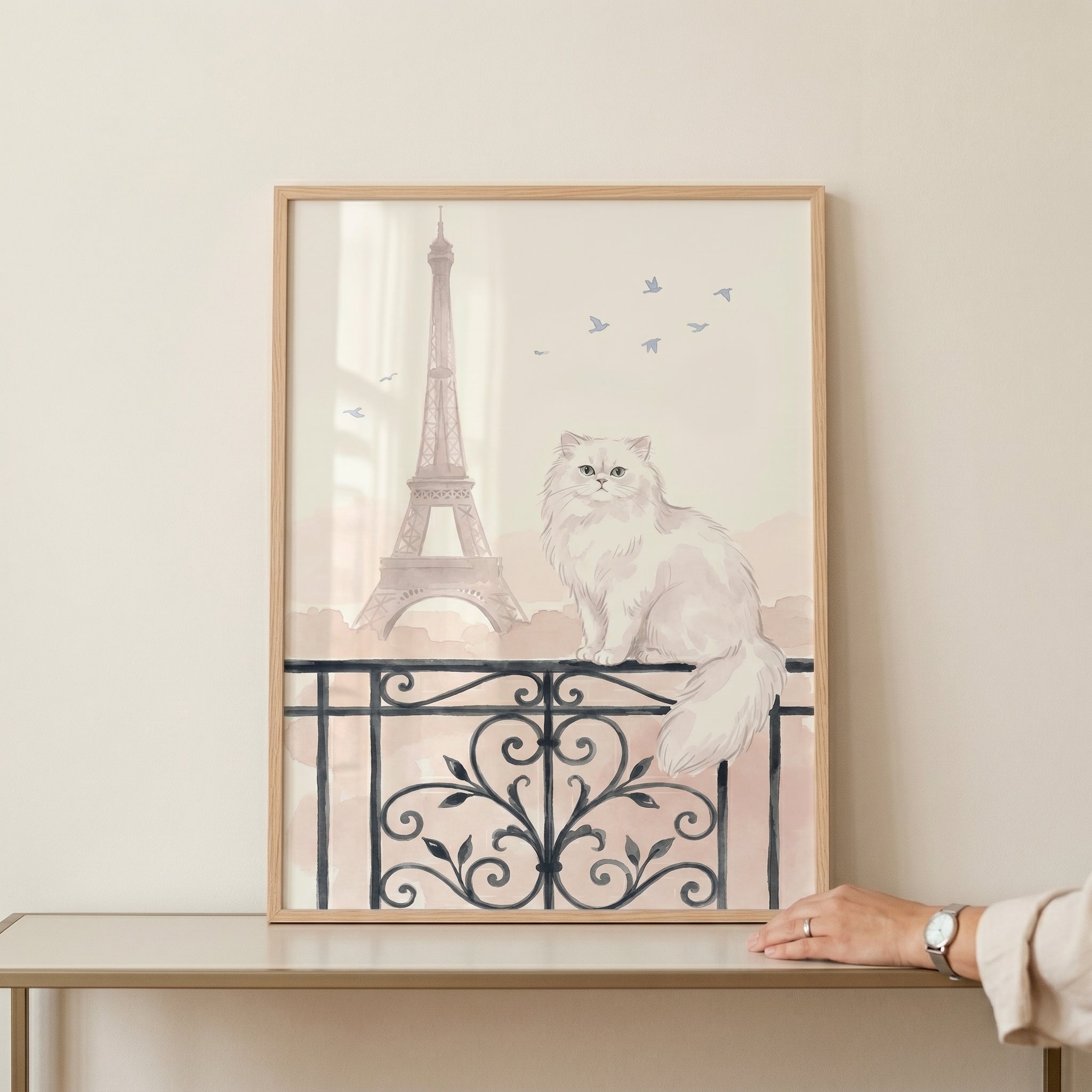 Paris Balcony White Cat Wall Art - Parisian Balcony Cat