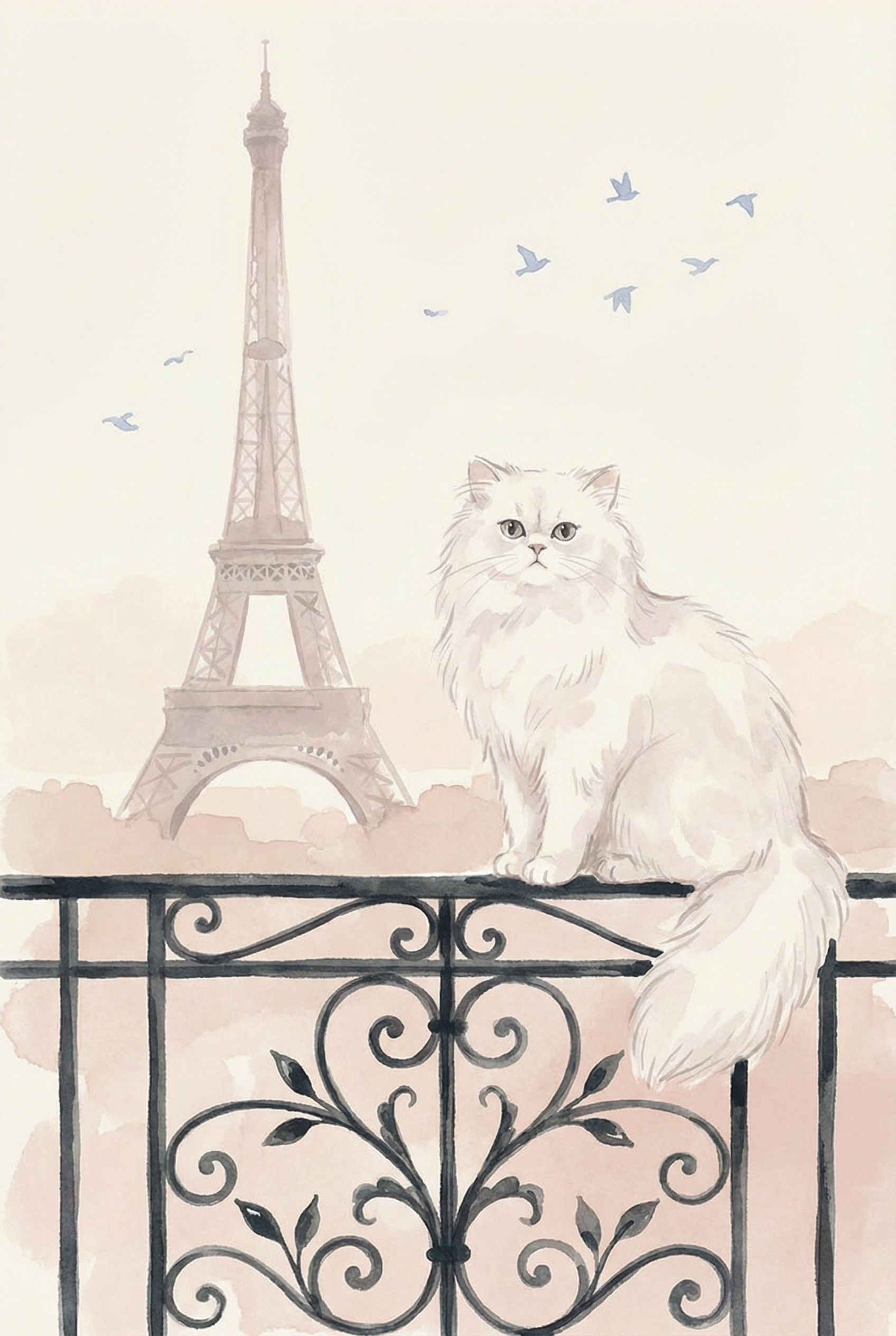 Paris Balcony White Cat Wall Art - Parisian Balcony Cat