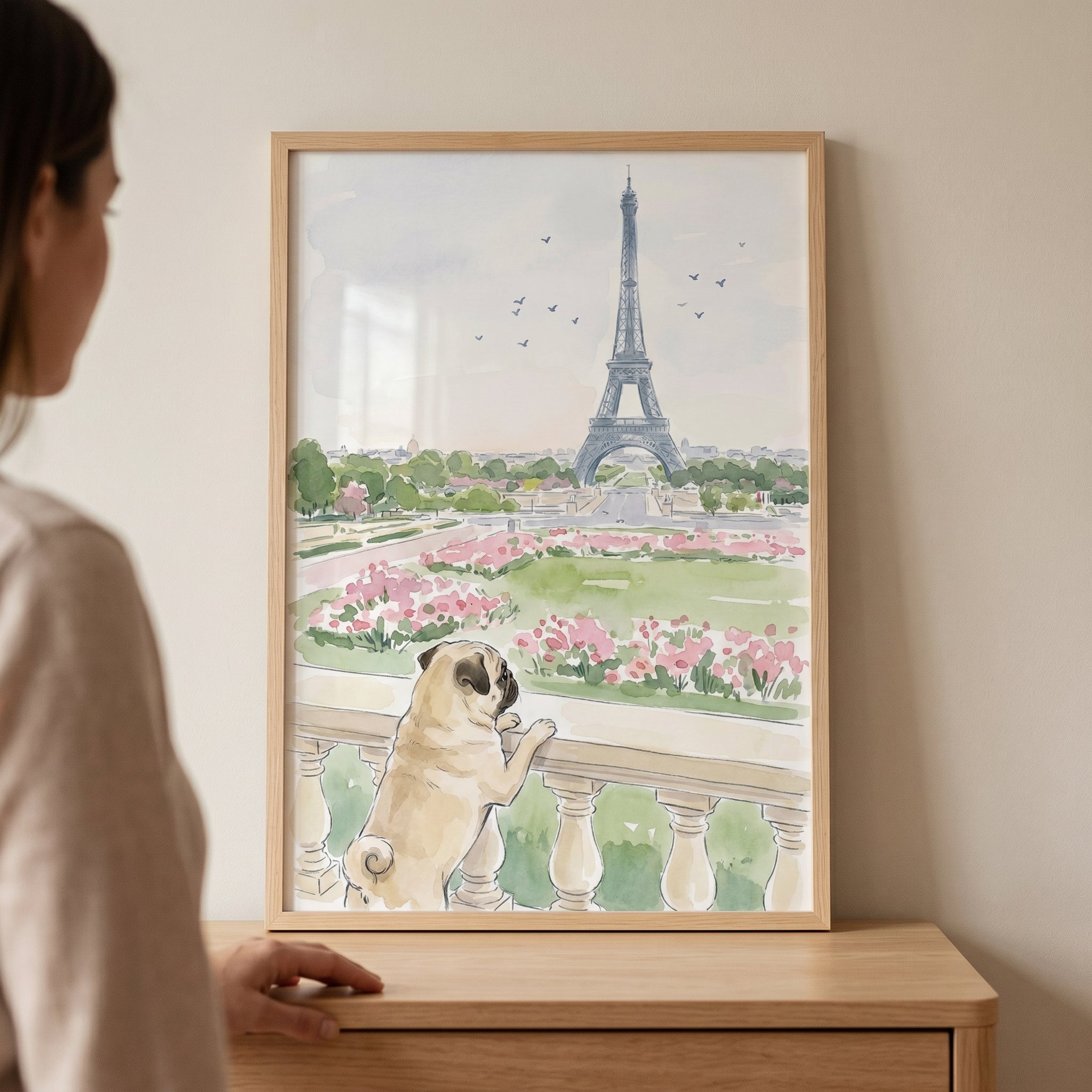Paris Sightseeing Watercolor Pug Wall Art - Parisian Pug View
