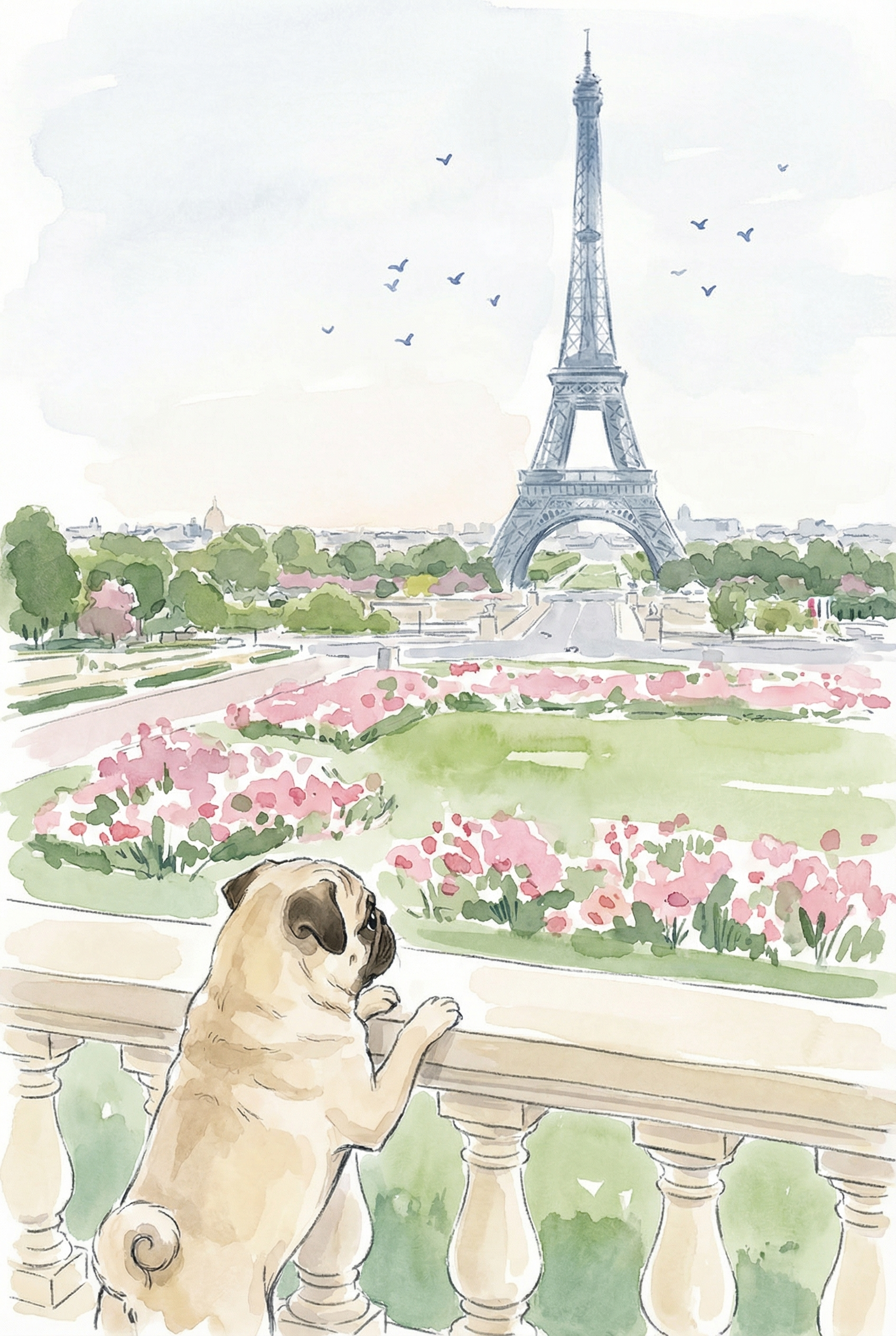 Paris Sightseeing Watercolor Pug Wall Art - Parisian Pug View