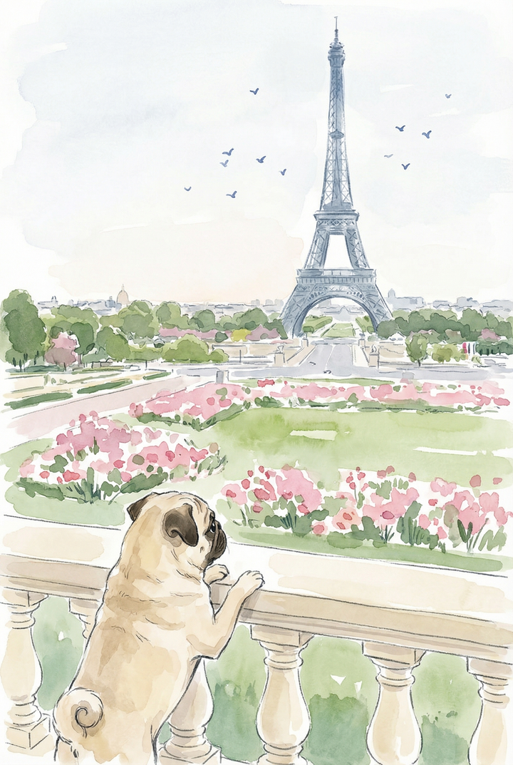 A pug on a stone balcony gazes at a tall tower in this paris sightseeing watercolor pug wall art.