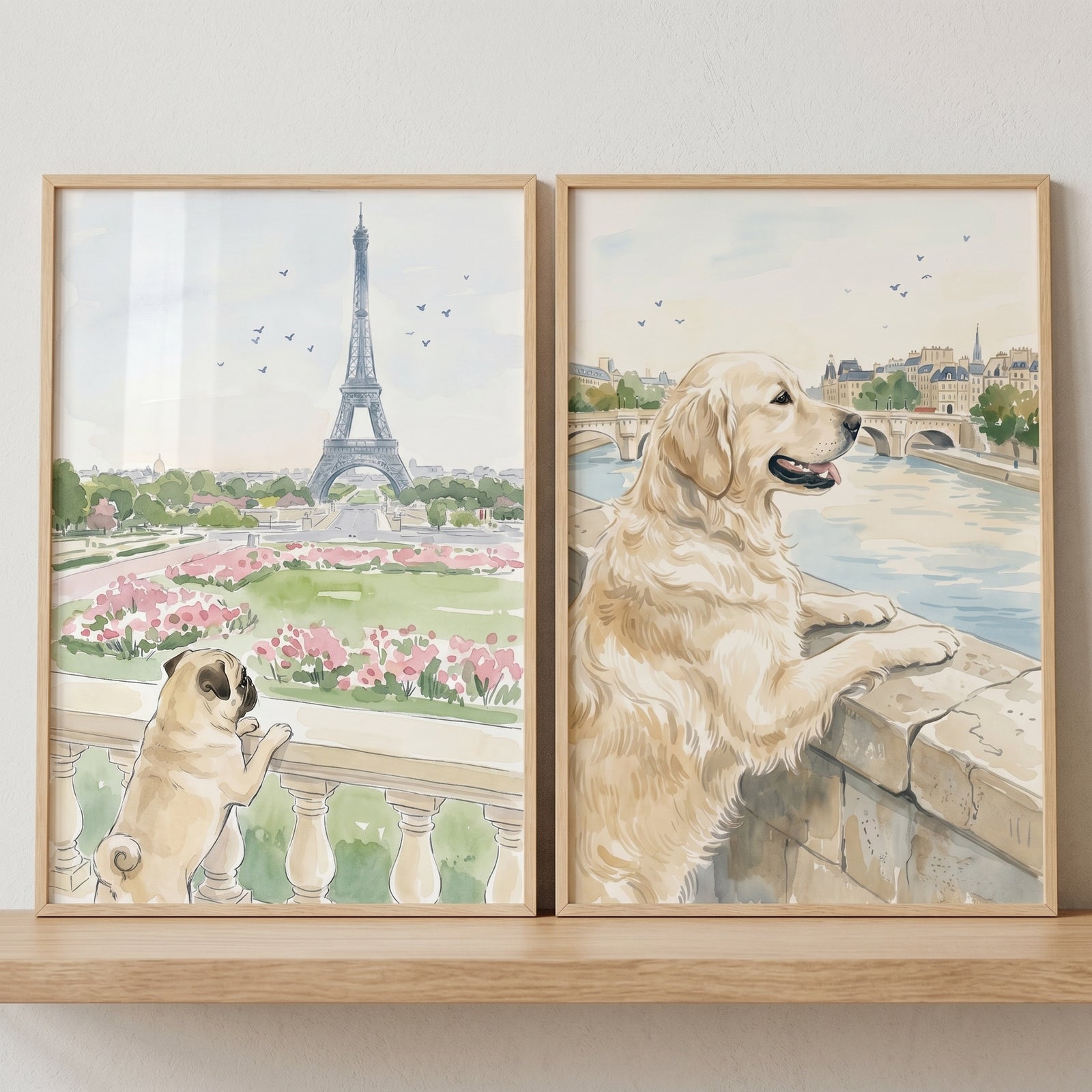 Paris travel dog wall art set of 2 featuring a pug at the Eiffel Tower and a golden retriever by the river.