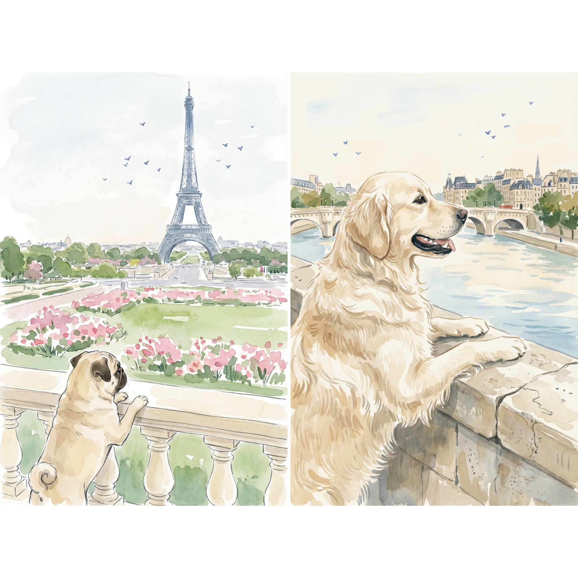 Paris Travel Dog Wall Art Set of 2 - Parisian Pups
