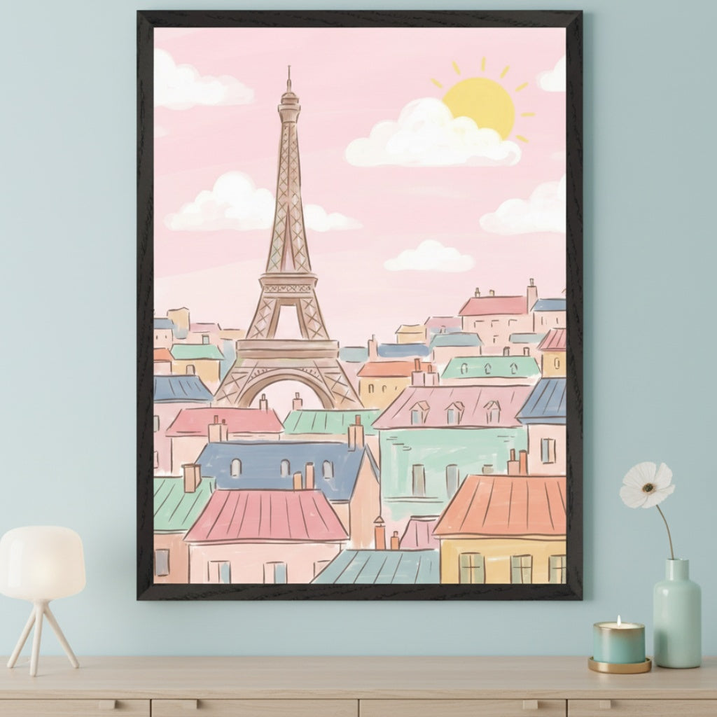 Modern room with a light blue wall. A large black-framed illustration of the Eiffel Tower over pastel Parisian buildings under a pink sky hangs above a light wood dresser.