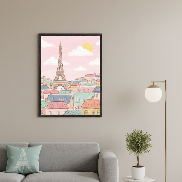 Modern living room with a gray sofa and a mint green Eiffel Tower print pillow. A framed illustration of the Eiffel Tower over colorful houses under a pink sky with sun and clouds hangs above the sofa. A brass floor lamp and a small plant are to the right.