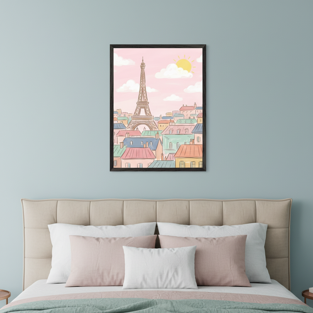 Modern bedroom with a beige upholstered bed and pillows. A framed cartoon print of the Eiffel Tower, pastel rooftops, and a pink sky with sun hangs centered above the bed.