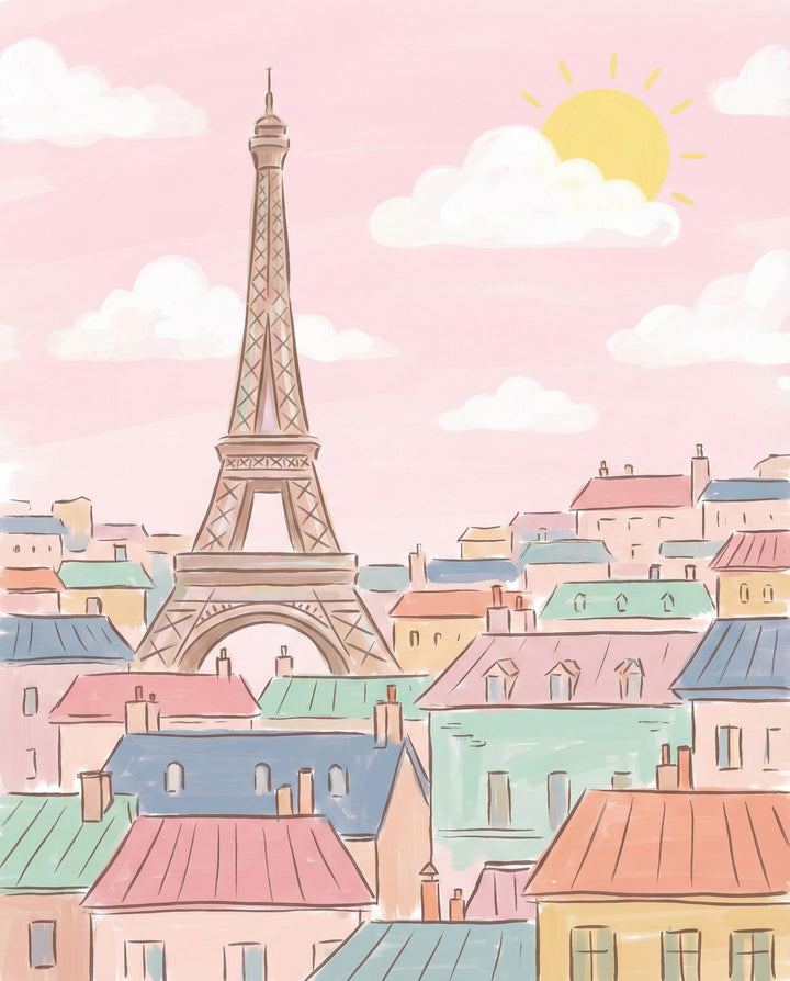 A cute, pastel-colored illustration of Paris, featuring the Eiffel Tower towering over the charming rooftops of the city. The light pink sky and simple lines evoke a peaceful, joyful atmosphere, making this piece an ideal addition to any space that celebrates the beauty of Paris.
