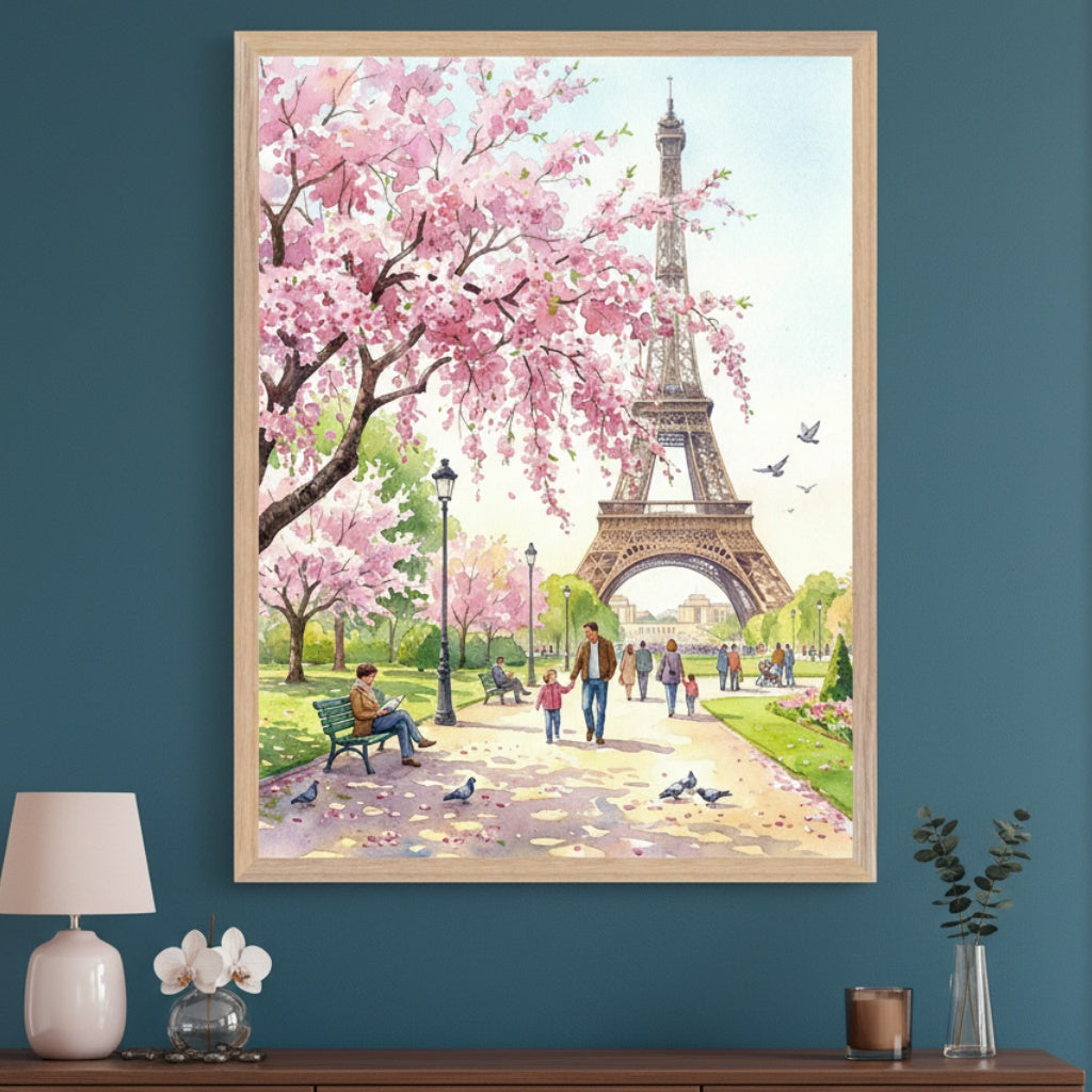 Modern living room with a dark wooden console table. Above it hangs a large, light-wood framed watercolor painting depicting a spring Paris park with cherry blossom trees, the Eiffel Tower, and people walking.