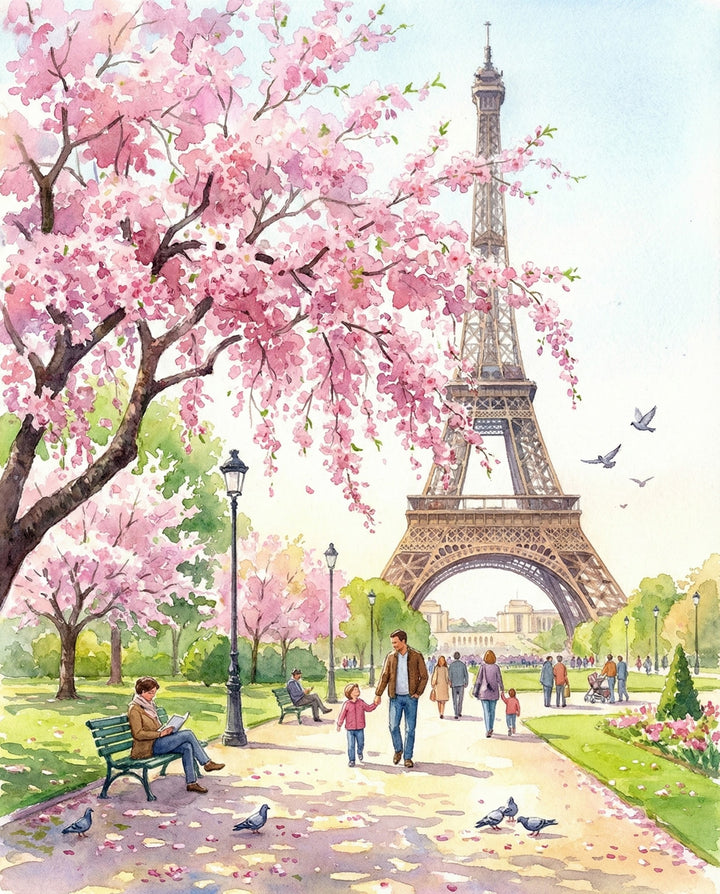 A charming watercolor scene of Paris in spring, with blooming cherry blossoms surrounding the Eiffel Tower. The soft pastel hues and delicate details of the scene create a dreamy, romantic atmosphere, making it perfect for anyone who loves Parisian culture and scenic cityscapes.
