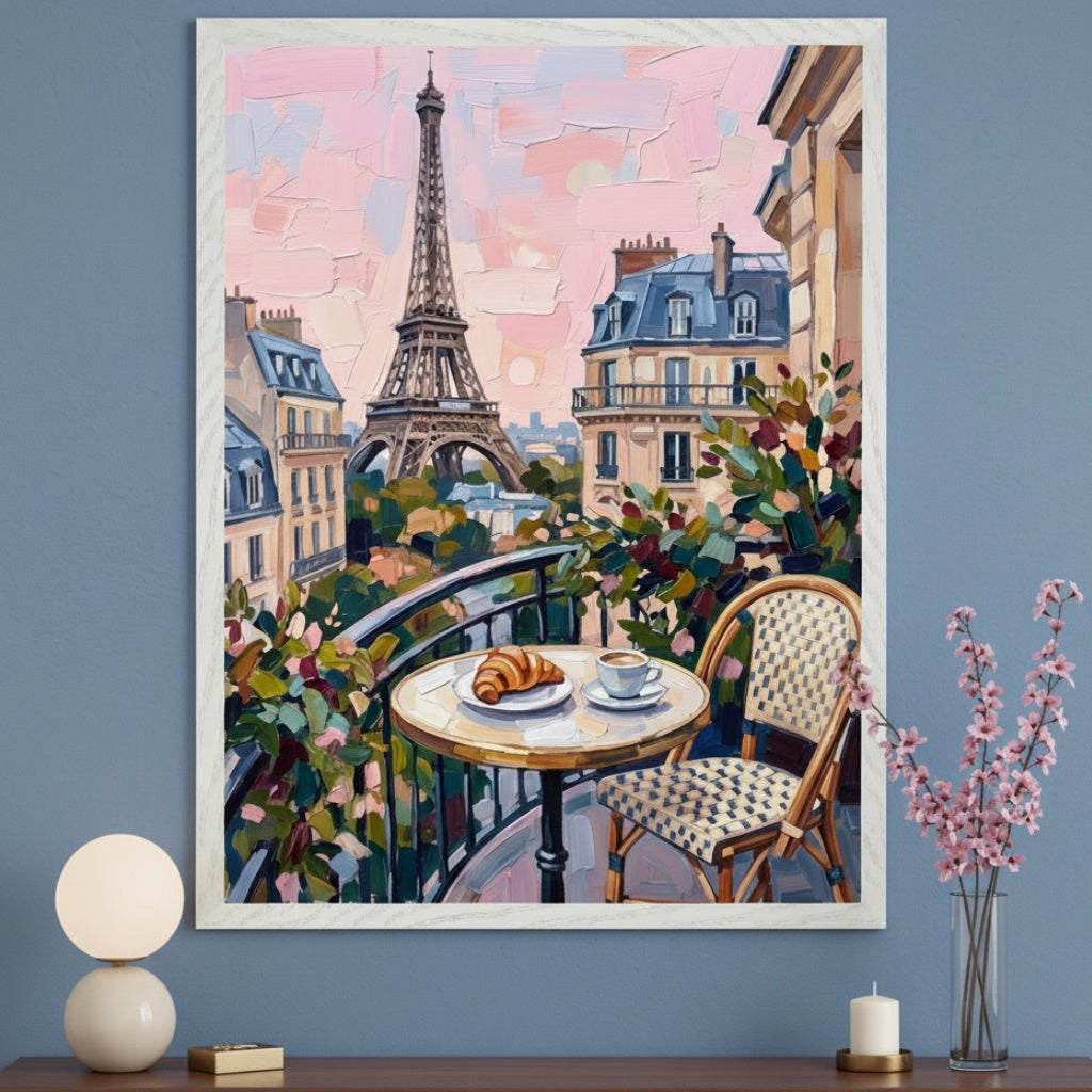 Modern room with a dark wooden tabletop. A large framed impressionistic painting of a Parisian balcony with a table, croissant, coffee, chair, and Eiffel Tower view hangs centered above.