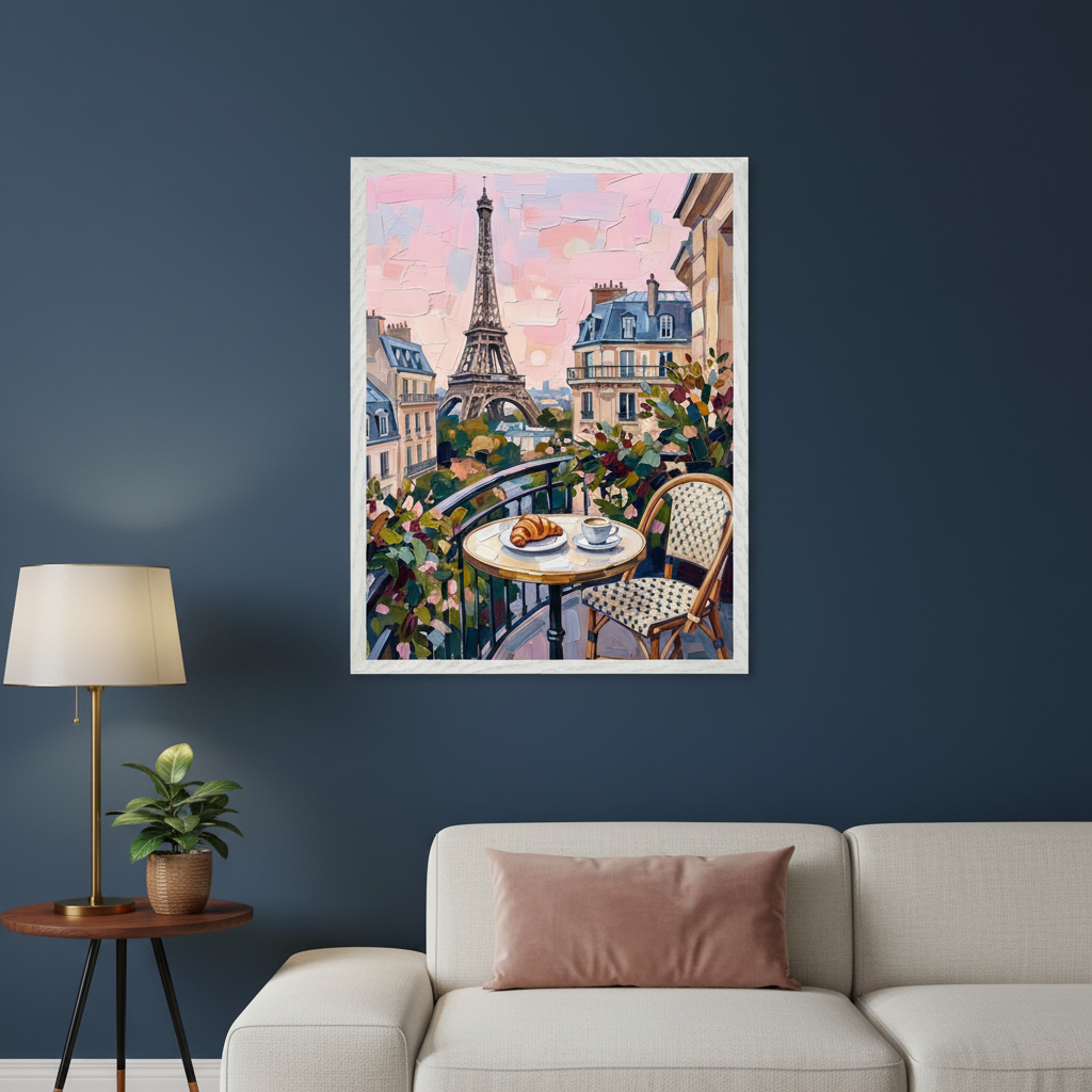 Living room with a dark blue wall. A light sofa with a pink pillow is at the bottom. A side table with a lamp and plant is to the left. A framed, textured painting depicting a Parisian balcony with the Eiffel Tower, a croissant, and coffee hangs centrally above the sofa.