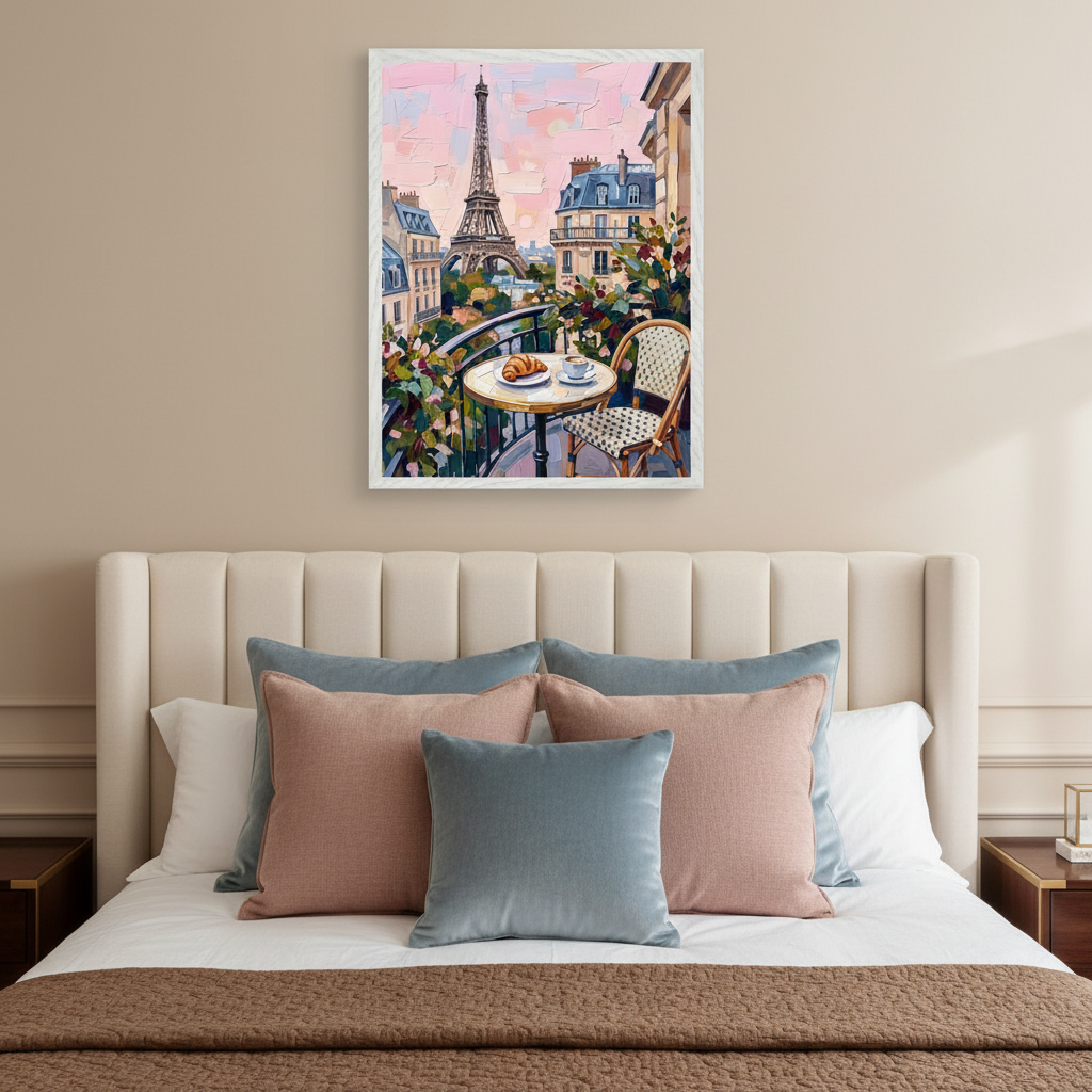 Modern bedroom with a light upholstered headboard bed. A framed textured painting of a Parisian balcony with a table, croissant, and coffee, and the Eiffel Tower in the background hangs centered above the bed.