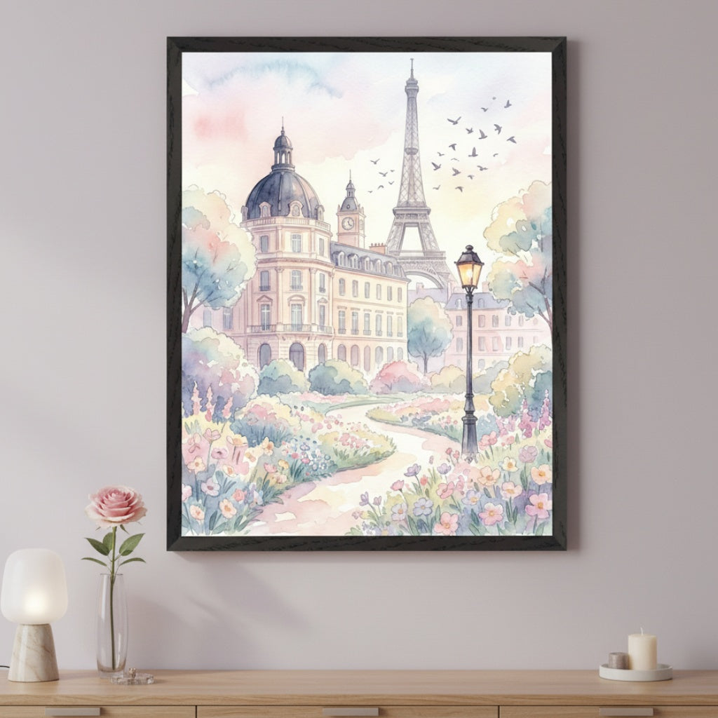 Living room with a light wood console table. A large black-framed watercolor painting of a pastel Parisian garden scene with the Eiffel Tower, a domed building, and a lamppost hangs above it.