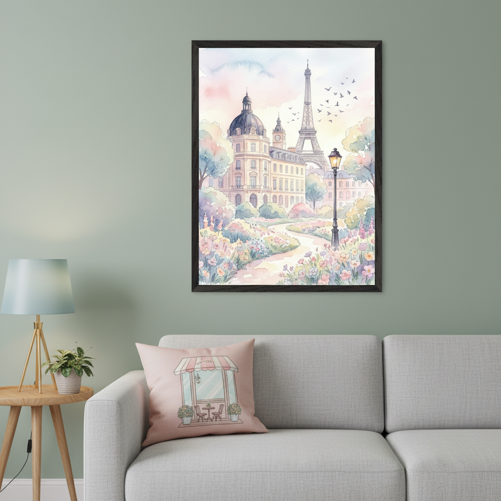 Modern living room with a gray sectional sofa. A large framed watercolor print of a Parisian park scene, featuring the Eiffel Tower, historic buildings, a path, and pastel flowers, hangs above the right side of the sofa.