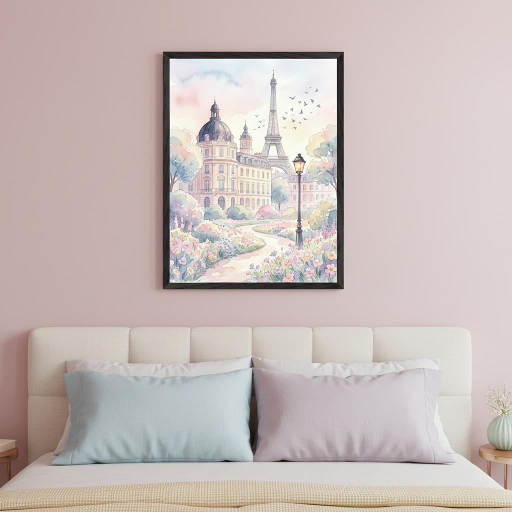 Modern bedroom with a cream padded bed. A black-framed watercolor painting of a Parisian cityscape with the Eiffel Tower, a large domed building, and a flower-filled park hangs centered above the bed.