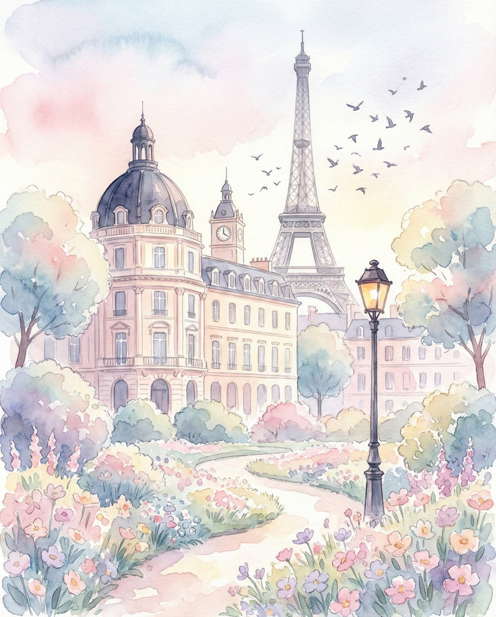 A serene watercolor painting showcasing the Eiffel Tower from a picturesque Parisian garden, filled with blooming flowers and trees. The soft colors and gentle landscape make this piece a perfect fit for creating a tranquil and inviting atmosphere in any room.
