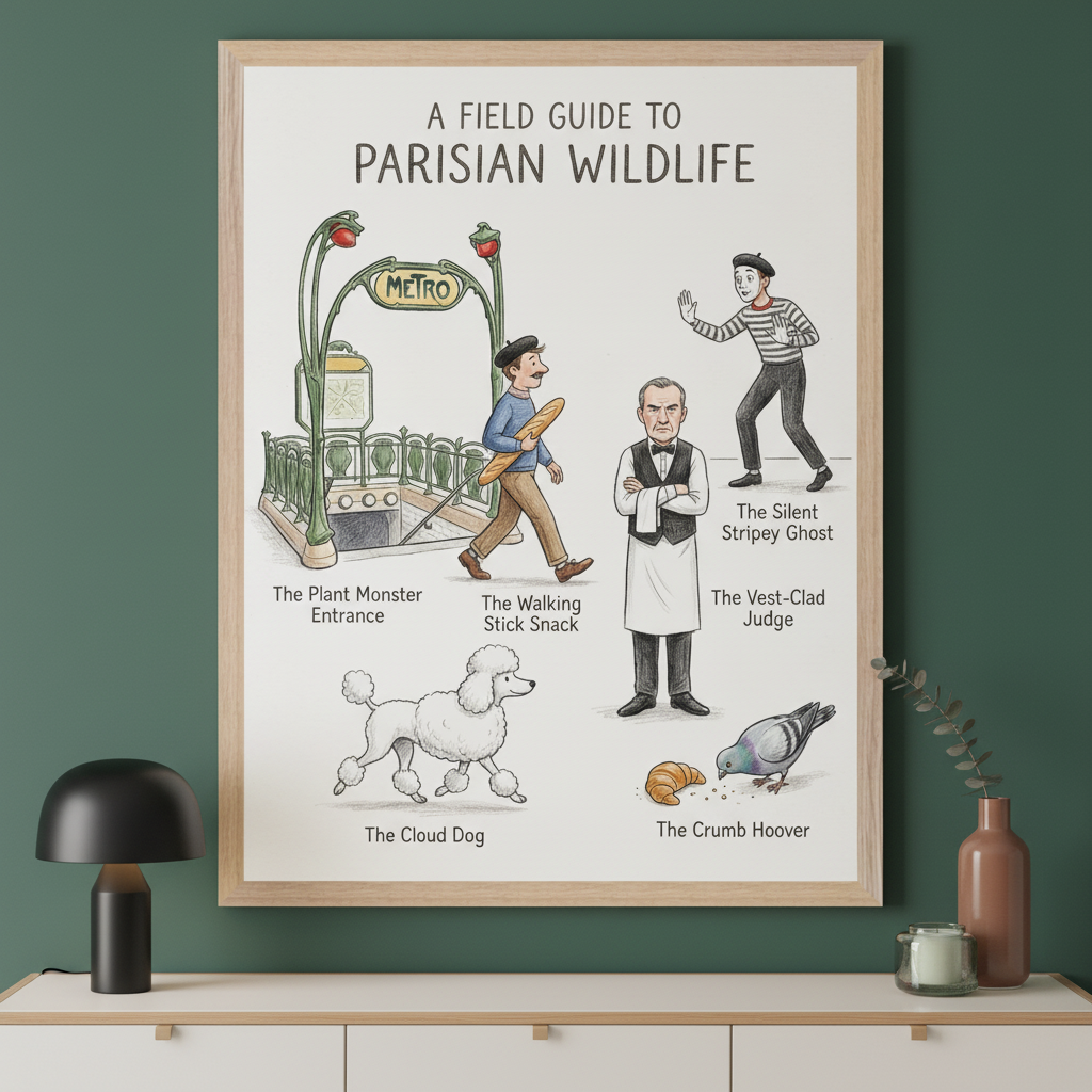 Modern room with a dark green wall and a light wood dresser holding a black lamp. A large, light wood framed poster titled "A Field Guide to Parisian Wildlife" hangs above the dresser. It features cartoon illustrations of "The Plant Monster Entrance," "The Walking Stick Snack," "The Silent Stripey Ghost," "The Vest-Clad Judge," "The Cloud Dog," and