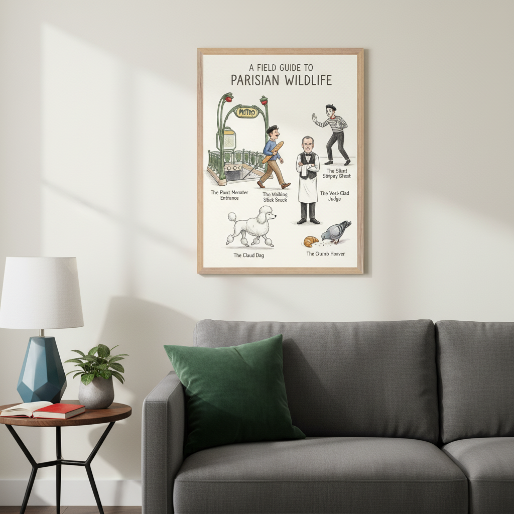 Modern living room with a grey sectional sofa. A wooden side table with a blue lamp and plant is to the left. A framed poster titled "A Field Guide to Parisian Wildlife" hangs above the sofa, featuring cartoon illustrations of Parisian archetypes (Metro, man with baguette, mime, chef, poodle, pigeon with croissant).
