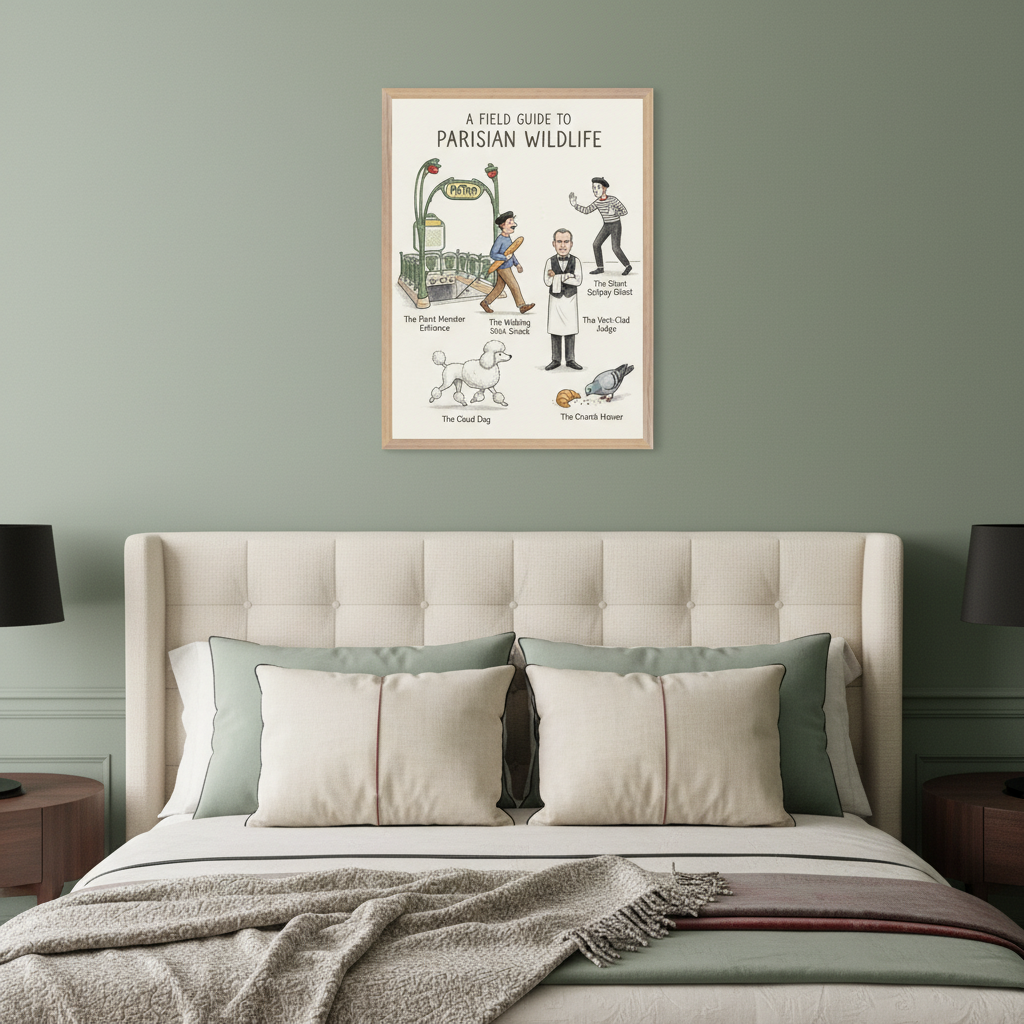Modern bedroom with a sage green wall and a large tufted bed. A framed whimsical illustration titled "A Field Guide to Parisian Wildlife" hangs above the headboard, depicting Parisian figures and animals: a metro entrance, a man with a baguette, a waiter, a poodle, and a pigeon.