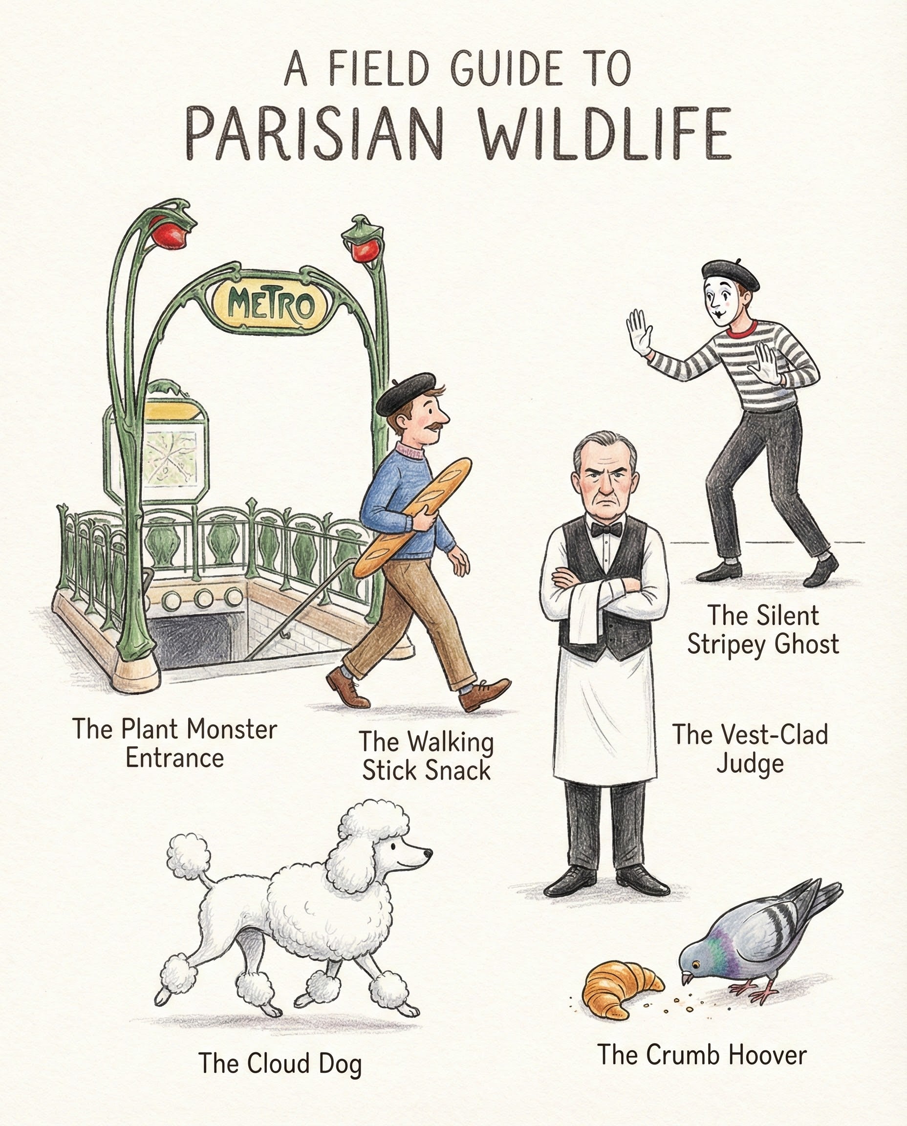 A whimsical field guide illustration featuring charming characters representing typical Parisian "wildlife," such as "The Plant Monster Entrance" and "The Walking Stick Snack." The playful artwork brings to life the quirky, endearing aspects of Parisian culture, making it perfect for lovers of the city and its distinctive characters.
