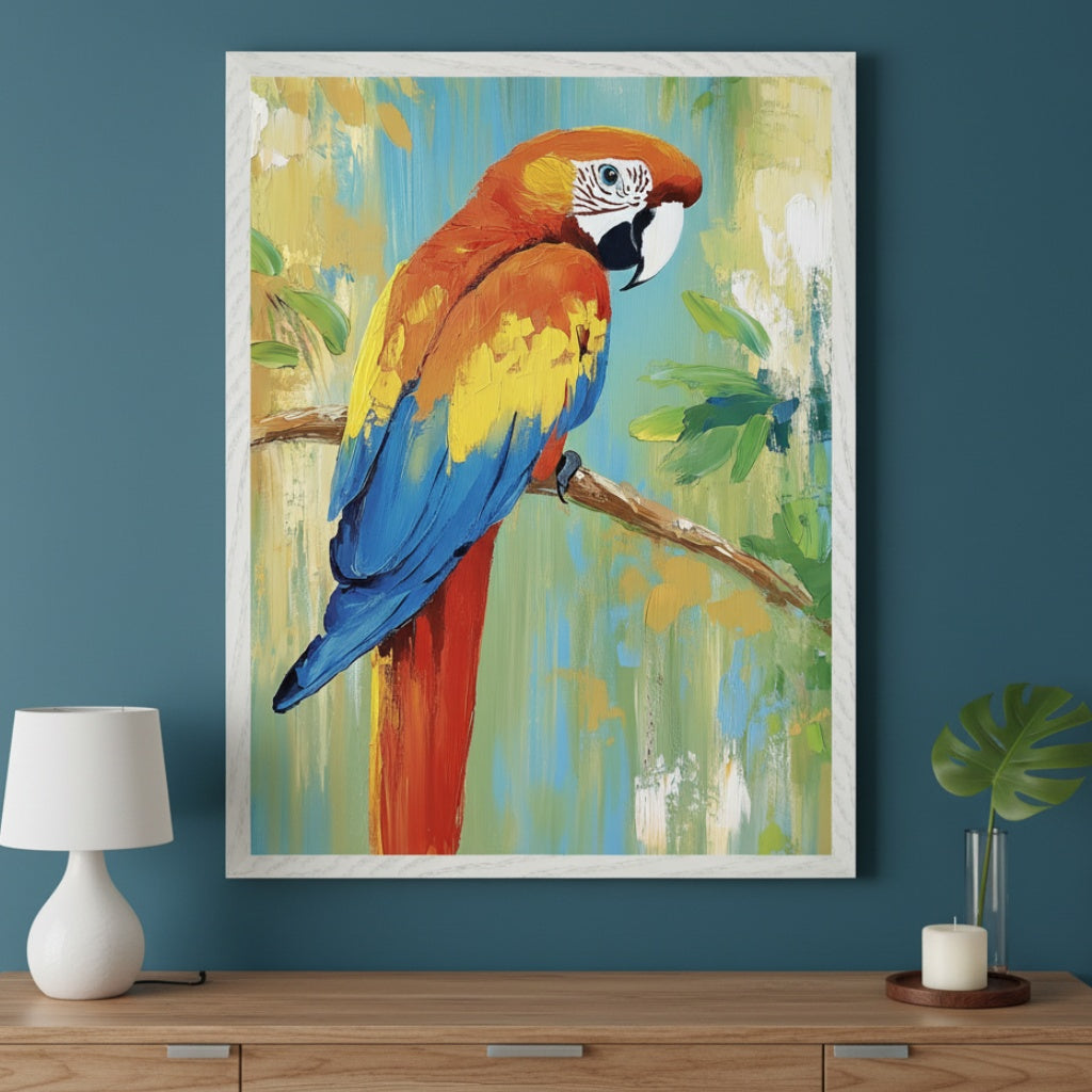 Modern room with a wooden dresser against a dark teal wall. A large framed painting of an orange, yellow, and blue macaw parrot on a branch, in an impressionistic style, hangs centered above the dresser.
