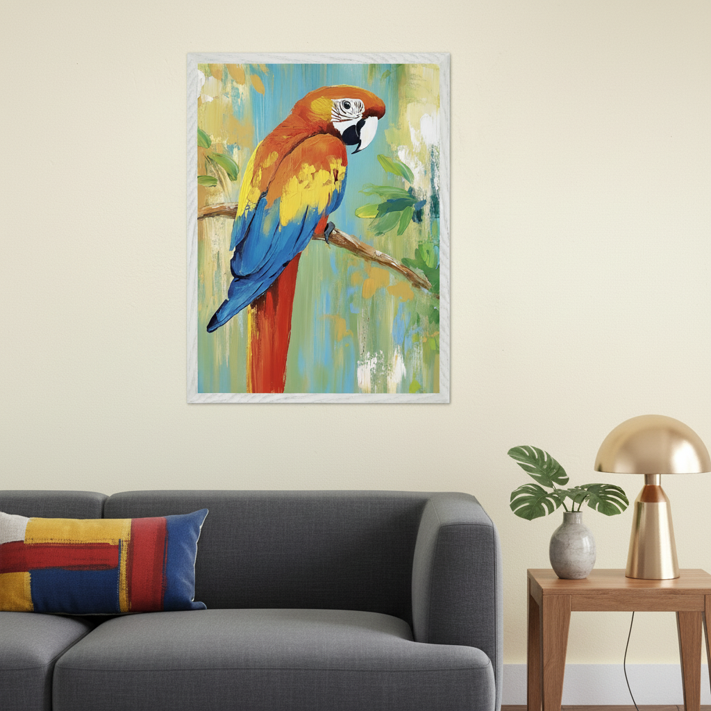 Modern living room with a gray sofa. A framed painting of a colorful macaw parrot on a branch with an abstract background hangs above the sofa. A gold lamp and plant are on a wooden side table.