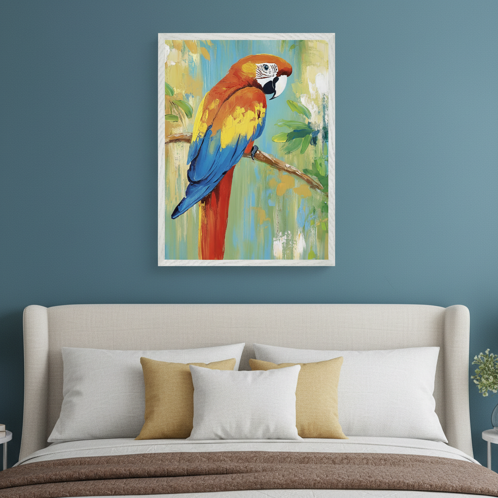 Modern bedroom with an upholstered bed and neutral pillows. A framed painterly artwork of a colorful macaw parrot on a branch hangs centered above the bed.