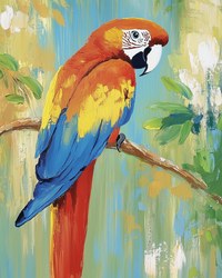 A scarlet macaw perched on a branch, with vivid red, yellow, and blue feathers set against a softly abstract jungle-inspired background. The parrot’s striking gaze and bold colors create a vibrant focal point.