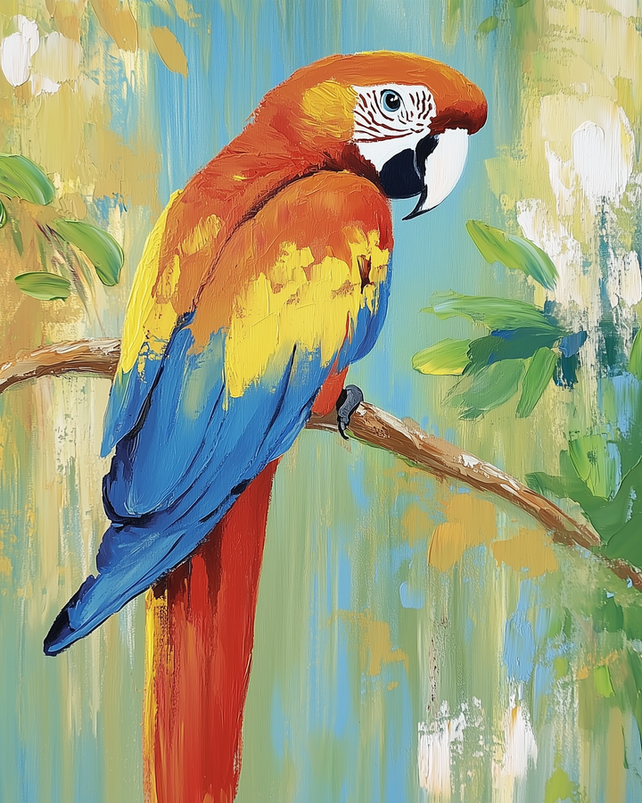 A scarlet macaw perched on a branch, with vivid red, yellow, and blue feathers set against a softly abstract jungle-inspired background. The parrot’s striking gaze and bold colors create a vibrant focal point.