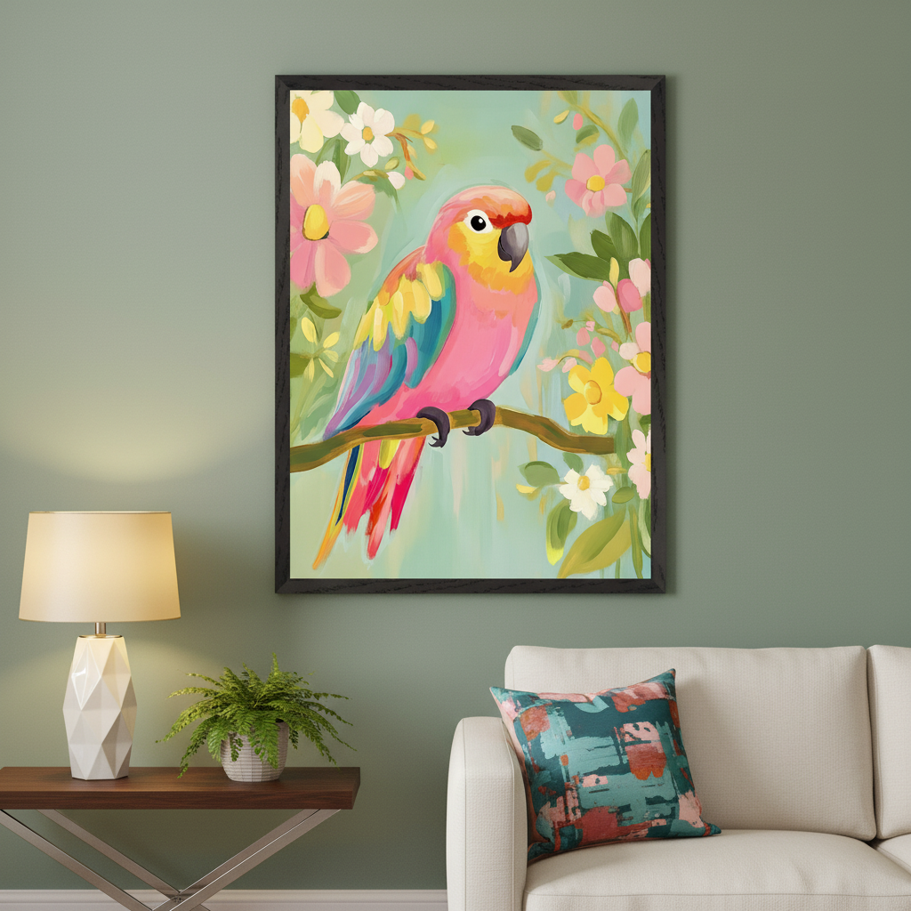 Living room with a large, vertical framed print of a colorful parrot on a branch with flowers in a painterly style. It hangs above a cream sofa and a wooden side table with a lamp and fern.