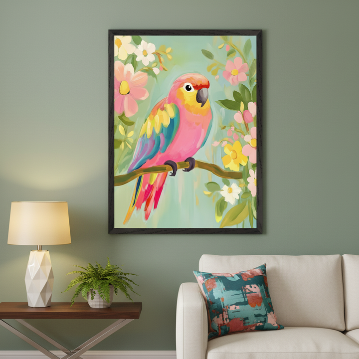 Living room with a large, vertical framed print of a colorful parrot on a branch with flowers in a painterly style. It hangs above a cream sofa and a wooden side table with a lamp and fern.