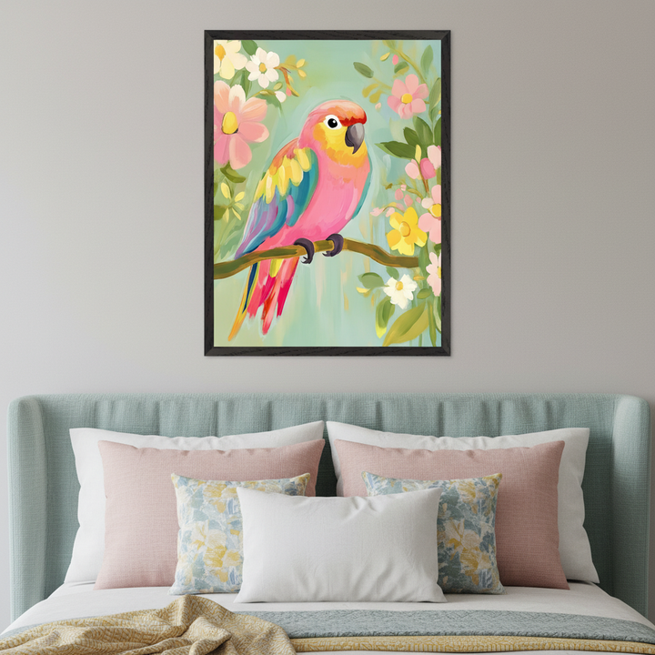 Bedroom with a teal upholstered bed. A framed painting of a colorful pink, yellow, and blue parrot on a branch, surrounded by light green foliage and pink, yellow, and white flowers, hangs above the bed.