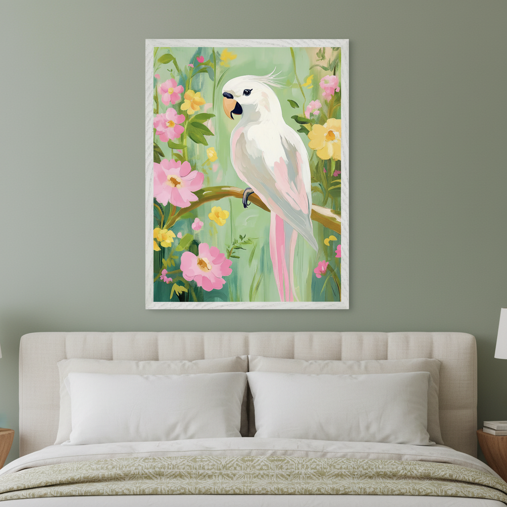 Bedroom with a beige tufted bed. A framed painting of a white cockatoo with pink accents, perched on a branch surrounded by pink and yellow flowers against a green background, hangs centered above the bed.