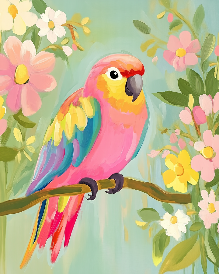 A vibrantly colored parrot with pink, yellow, and blue feathers perches on a branch, surrounded by large, pastel pink and yellow flowers against a soft green background.