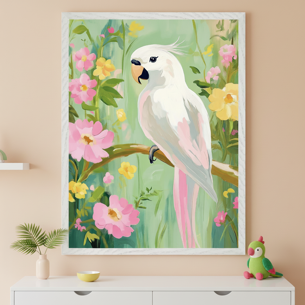Modern kid's room with a white dresser. A large framed painting of a white cockatoo with pink accents, perched on a branch among pink and yellow flowers on a green background, hangs centered above the dresser. A small green parrot toy is on the dresser.