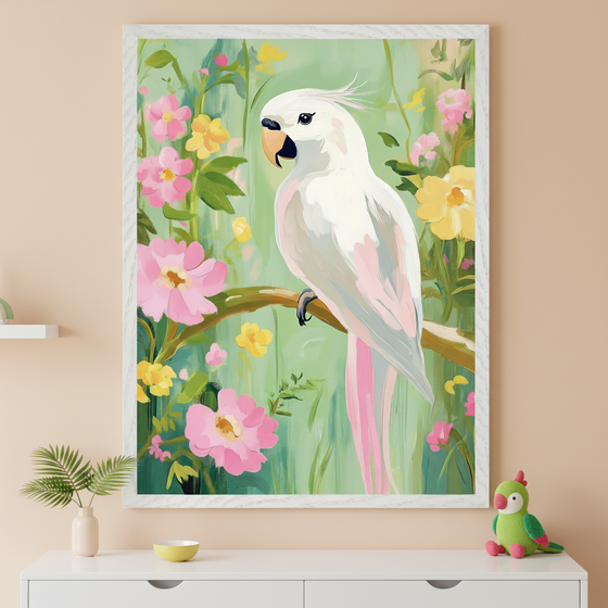 Modern kid's room with a white dresser. A large framed painting of a white cockatoo with pink accents, perched on a branch among pink and yellow flowers on a green background, hangs centered above the dresser. A small green parrot toy is on the dresser.