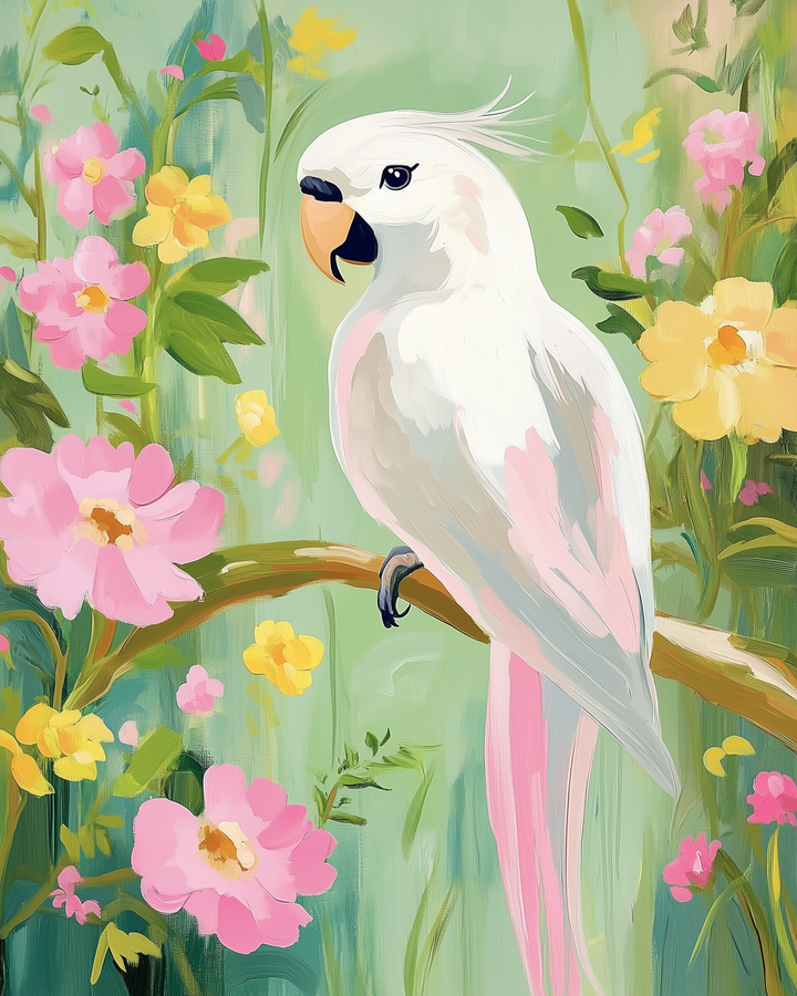 A vibrant painting of a white cockatoo with pink accents perched on a branch, surrounded by lush pink and yellow flowers against a soft green background.