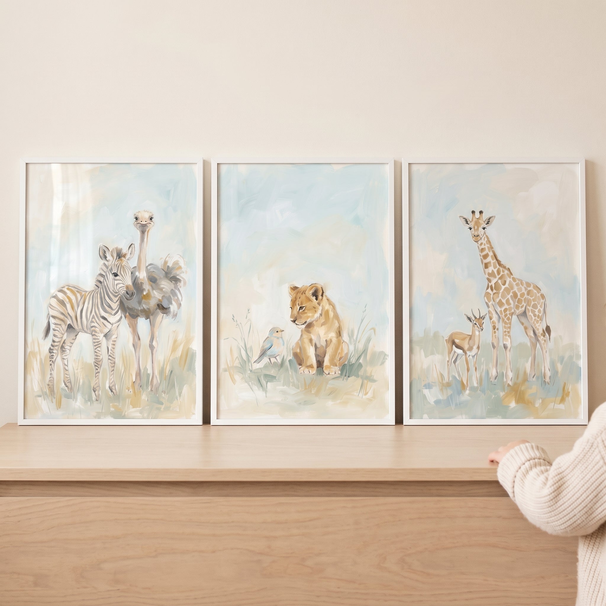 Pastel Baby Safari Animals Wall Art Set Of 3 - Savanna Friends Trio