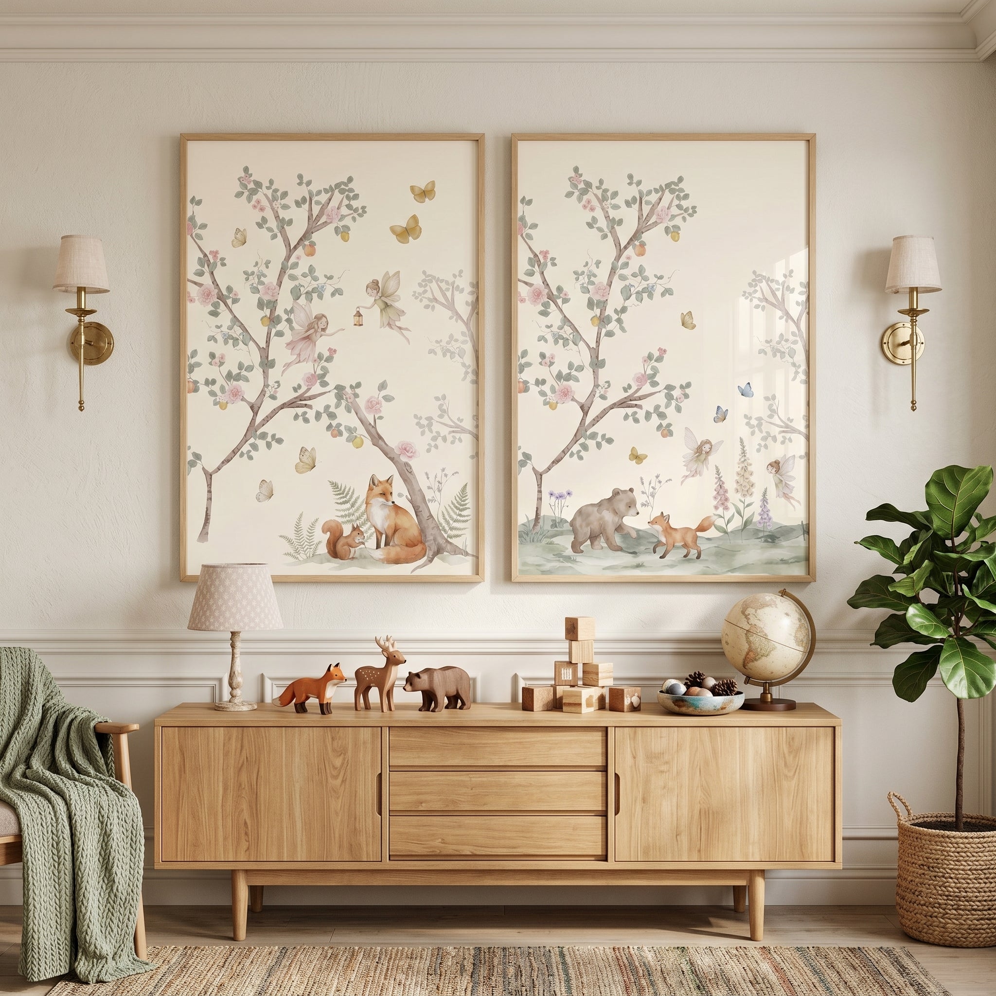 Pastel Blossom Tree Fairies Wall Art Set of 2 - Whimsical Woodland Dream