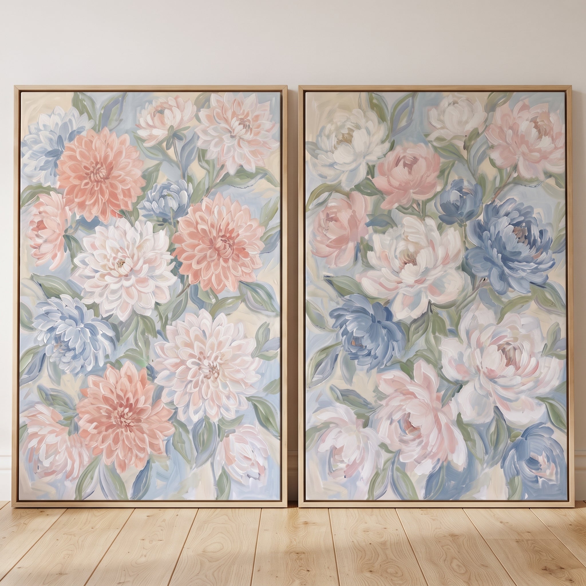 Pastel Blue Dahlia Floral Wall Art Set of 2 - Serene Garden Duet