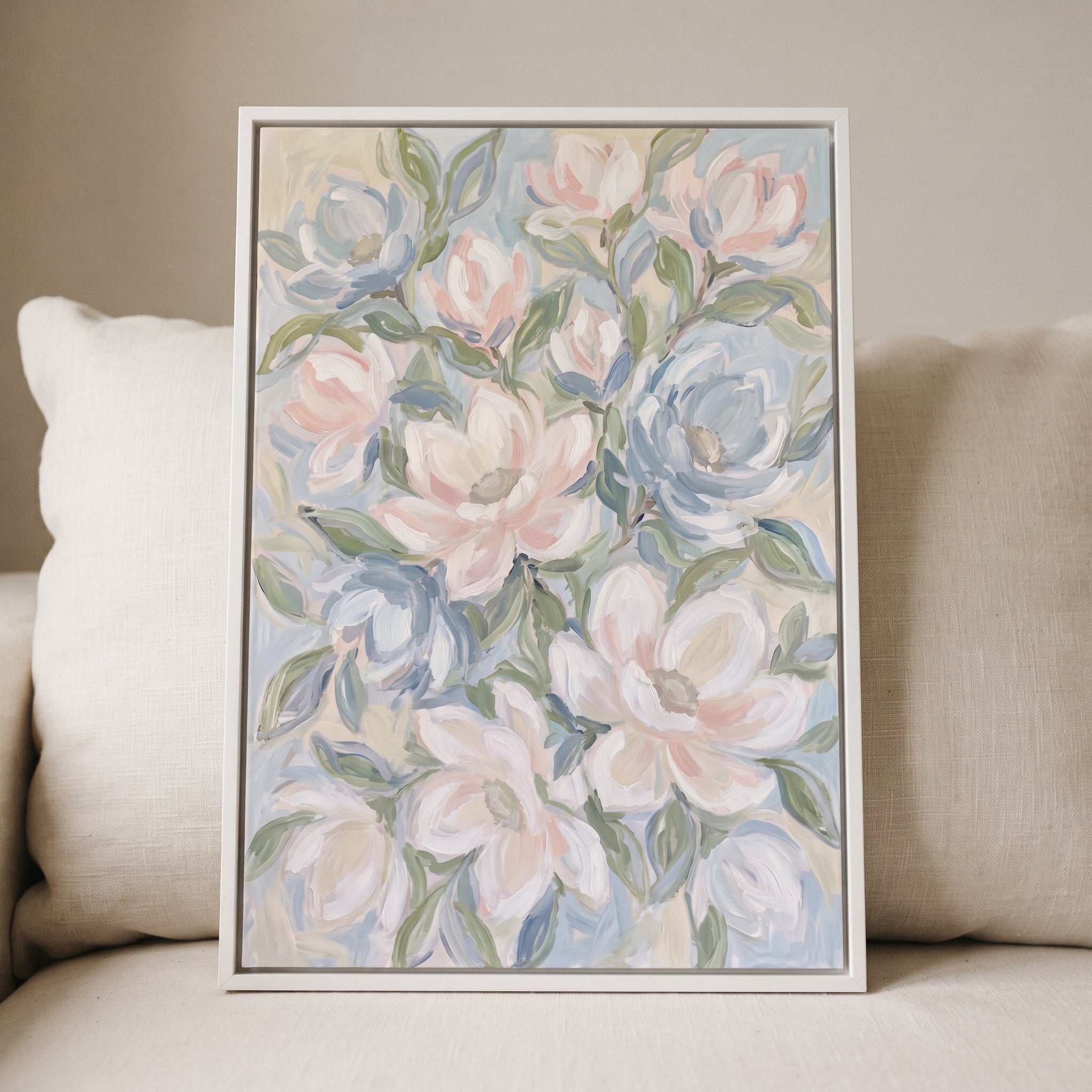 Pastel Blue White Magnolia Floral Wall Art - Pastel Petal Waltz